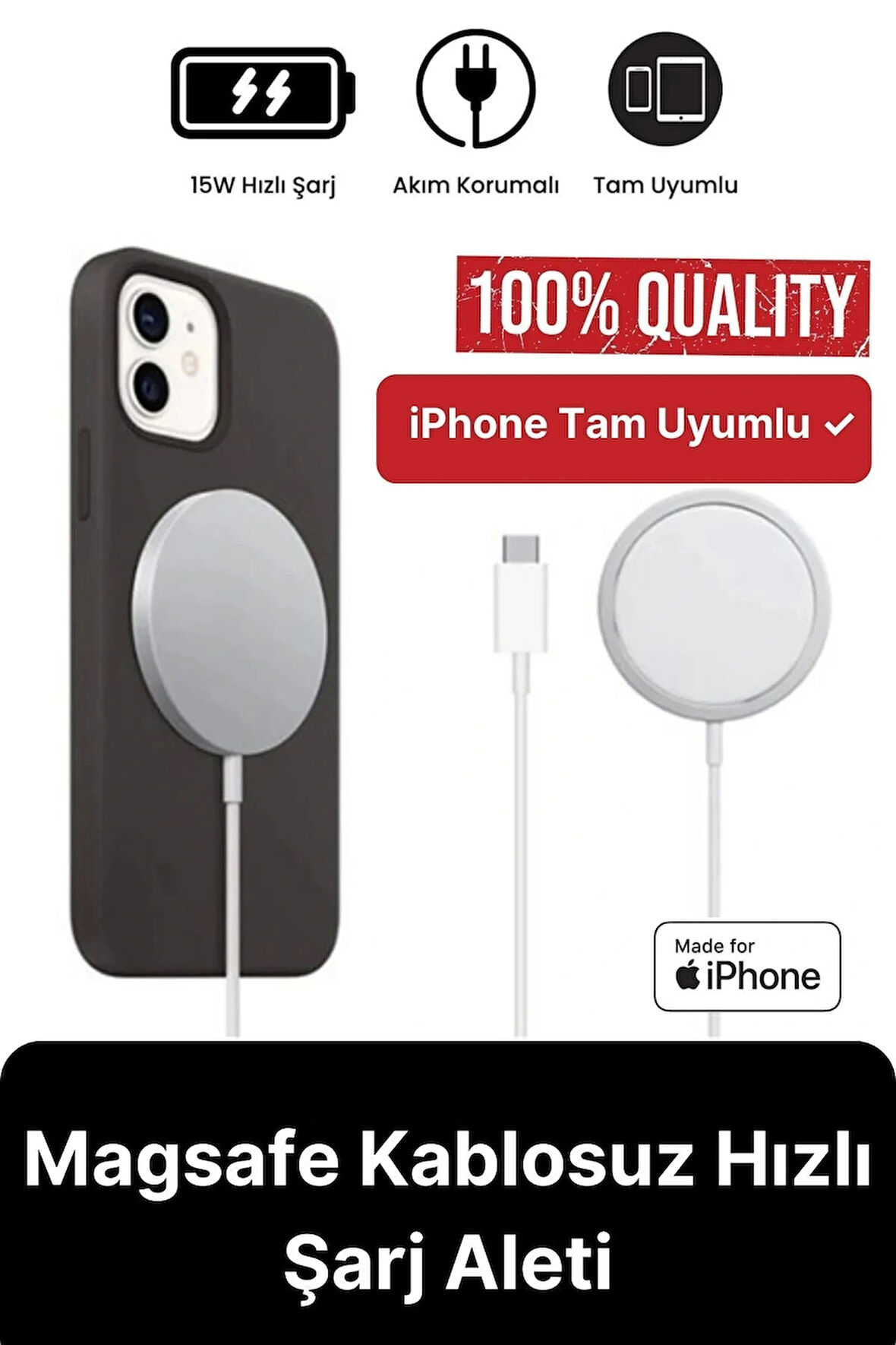 Modern Kablosuz Mıktanıslı Wireless iPhone 11 12 13 14 15 Süper Hızlı 15W Magsafe Şarj Aleti
