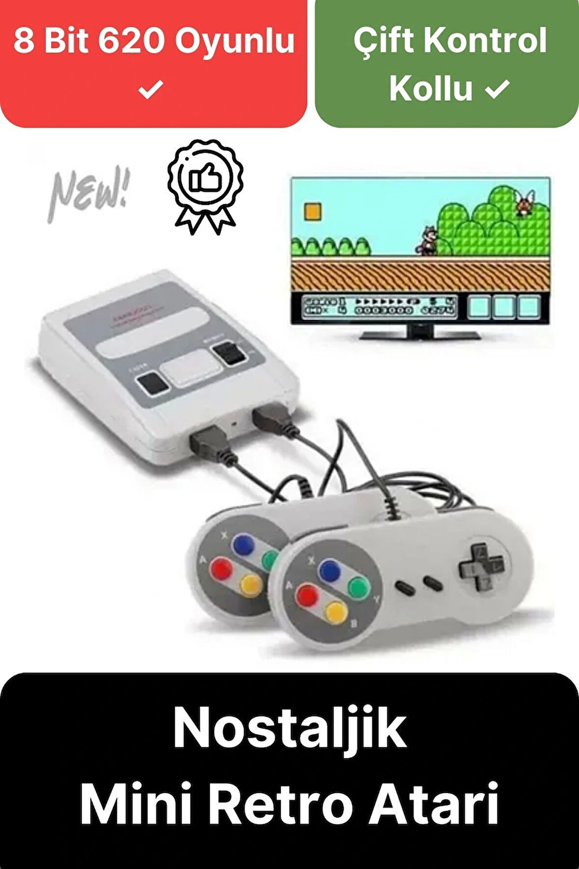 Premium HD Klasik 8 Bit 620 Oyunlu Televizyon Çift 2 Kontrol Kollu Nostalji Super Mini Retro Atari