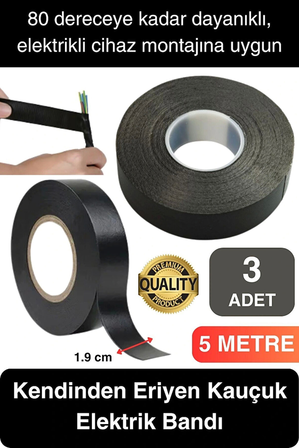 Süper Güçlü 3 Adet Siyah Kauçuk Kendinden Eriyen Bant Elektrik Sızdırmazlık Bandı 5 mt 1.9 cm