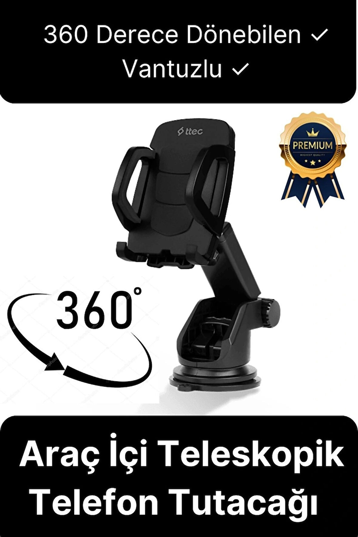 Çok Fonksiyonlu Dayanıklı Teleskopik 360 Derece Vantuzlu Araba Araç Cep Telefonu Tutucu Askılık