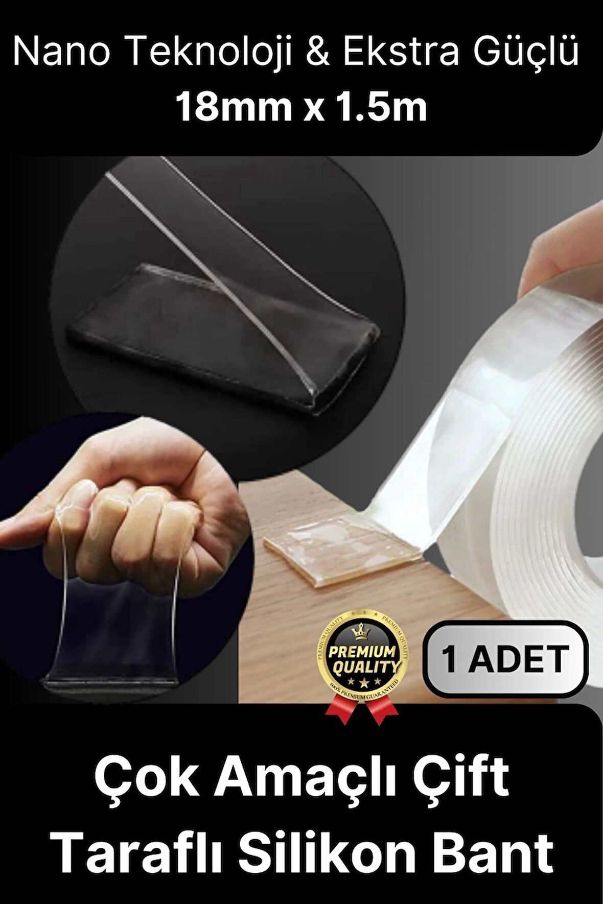 Çok Amaçlı İzolasyon Hava Su Sızdırmaz Çift Taraflı Silikon Şeffaf Nano Bant 18mm x 1.5m - 1 Adet