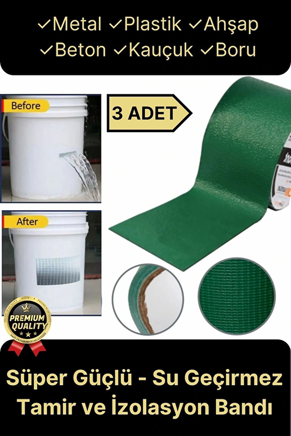 Premium Dayanıklı Süper Güçlü Su Geçirmez Sızdırmaz Yeşil Tamir ve İzolasyon Bandı 48mm x 10m-3 Adet
