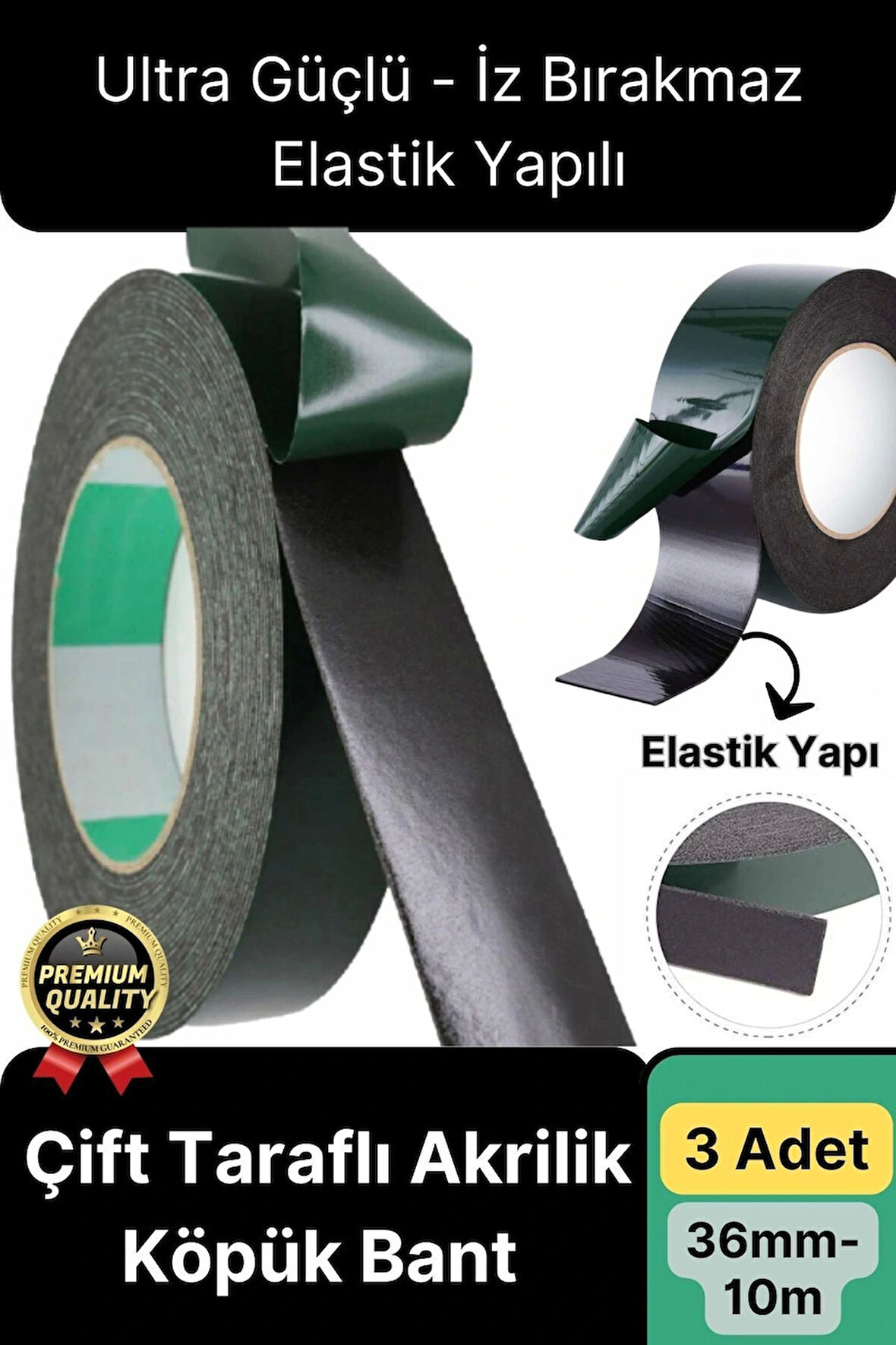 Premium Ultra Güçlü İz Bırakmaz Elastik Yapılı Çift Taraflı Akrilik Köpük Bant 36mm - 10m - 3 Adet
