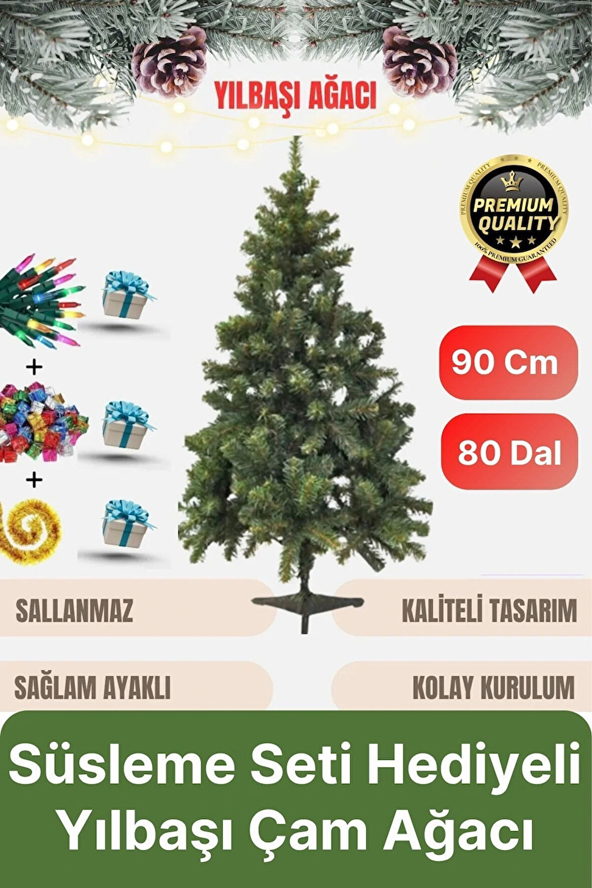 Premium Kalite Yeni Yıl Süsleme Seti Renkli Işık Hediyeli Yılbaşı Çam Ağacı Noel Paketi 90 Cm 80 Dal