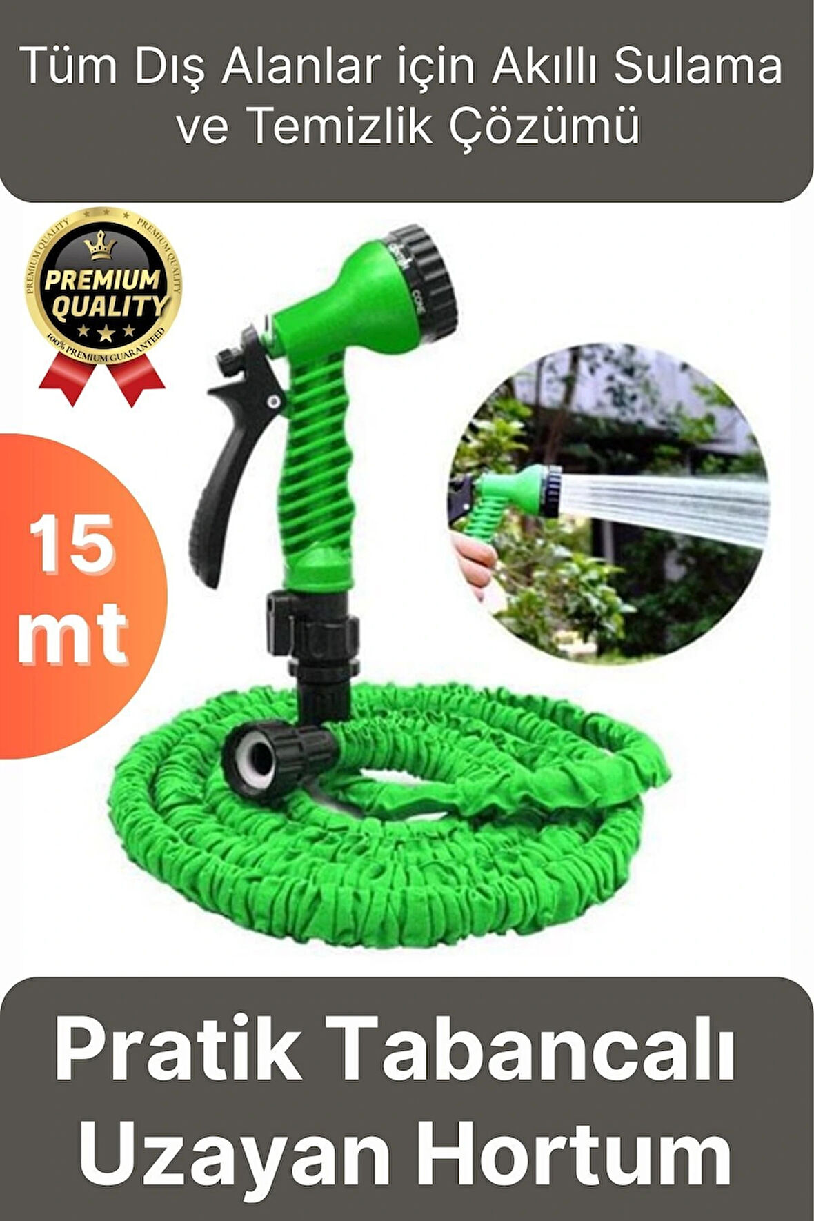 Çok Amaçlı Kırılmaz Dolaşmaz 7 Fonksiyonlu Bahçe Sulama Araç Yıkama Tabancalı Uzayan Hortum 15 Metre