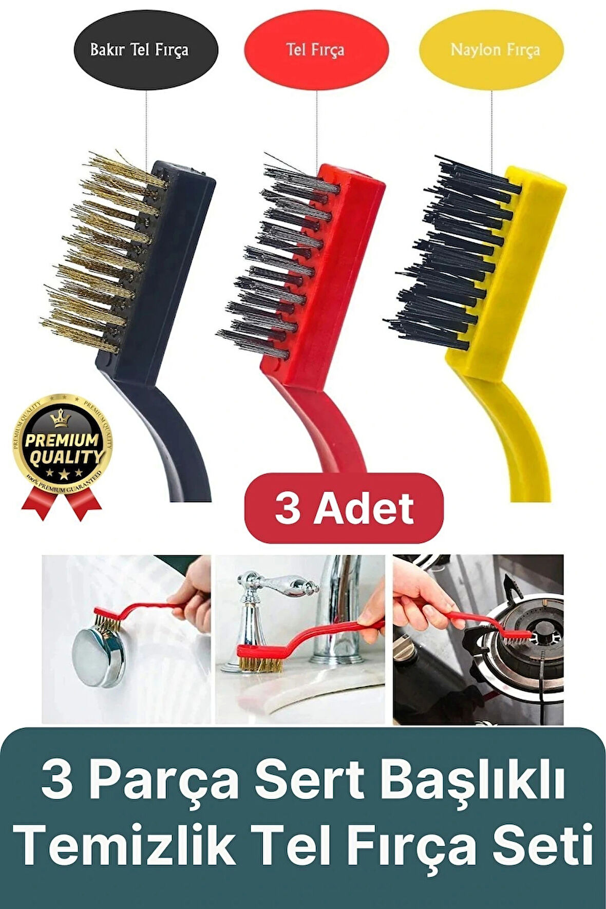 Çok Amaçlı Bakır Naylon Yağ Çıkarma Aspiratör Ocak Lavabo Fırın Detaylı Temizlik Tel Fırça 3 Parça