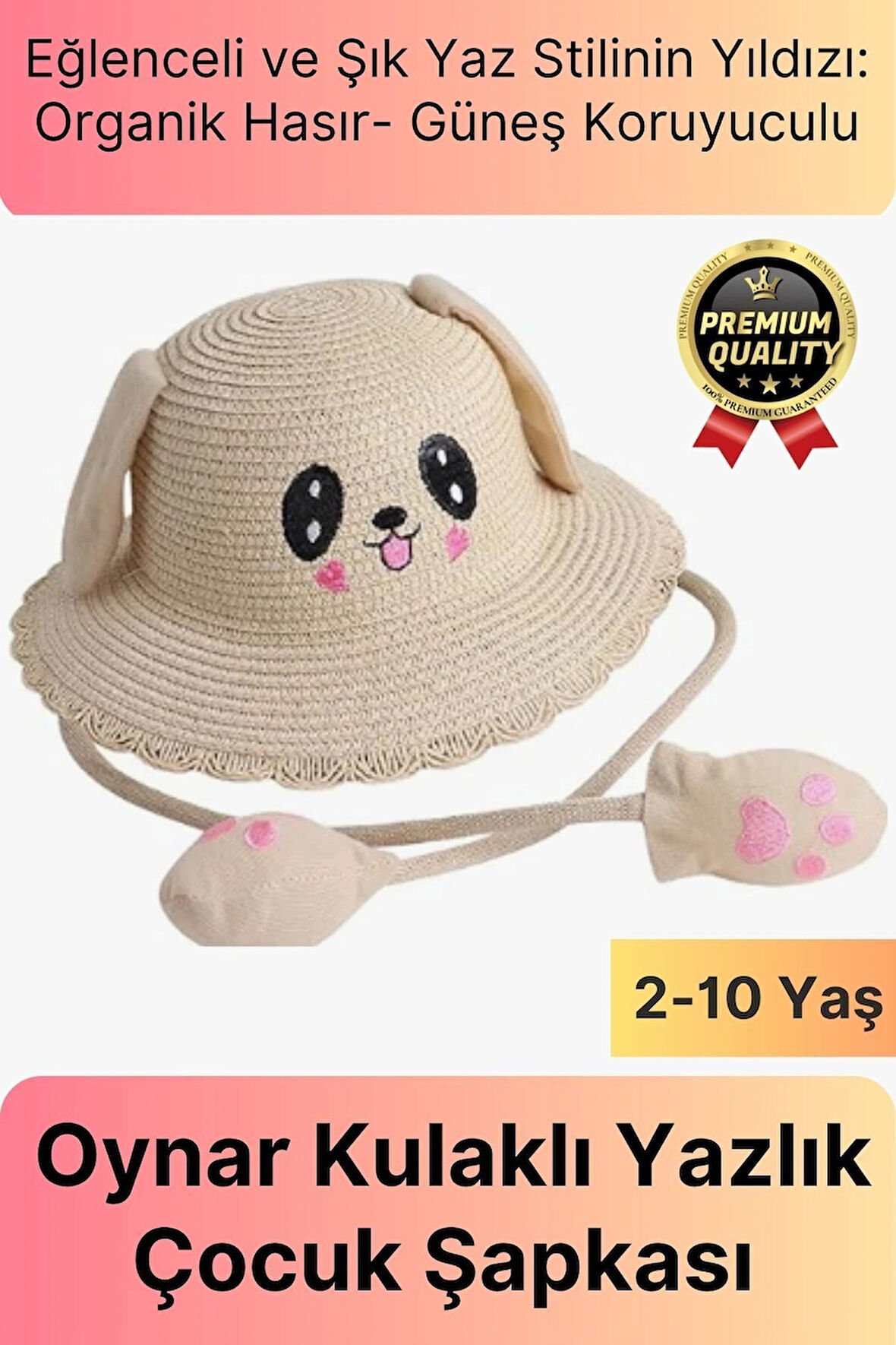 Özel Tasarım Organik Hasır Güneş Koruyuculu 2-10 Yaş Hareket Eden Oynar Kulaklı Yazlık Çocuk Şapka