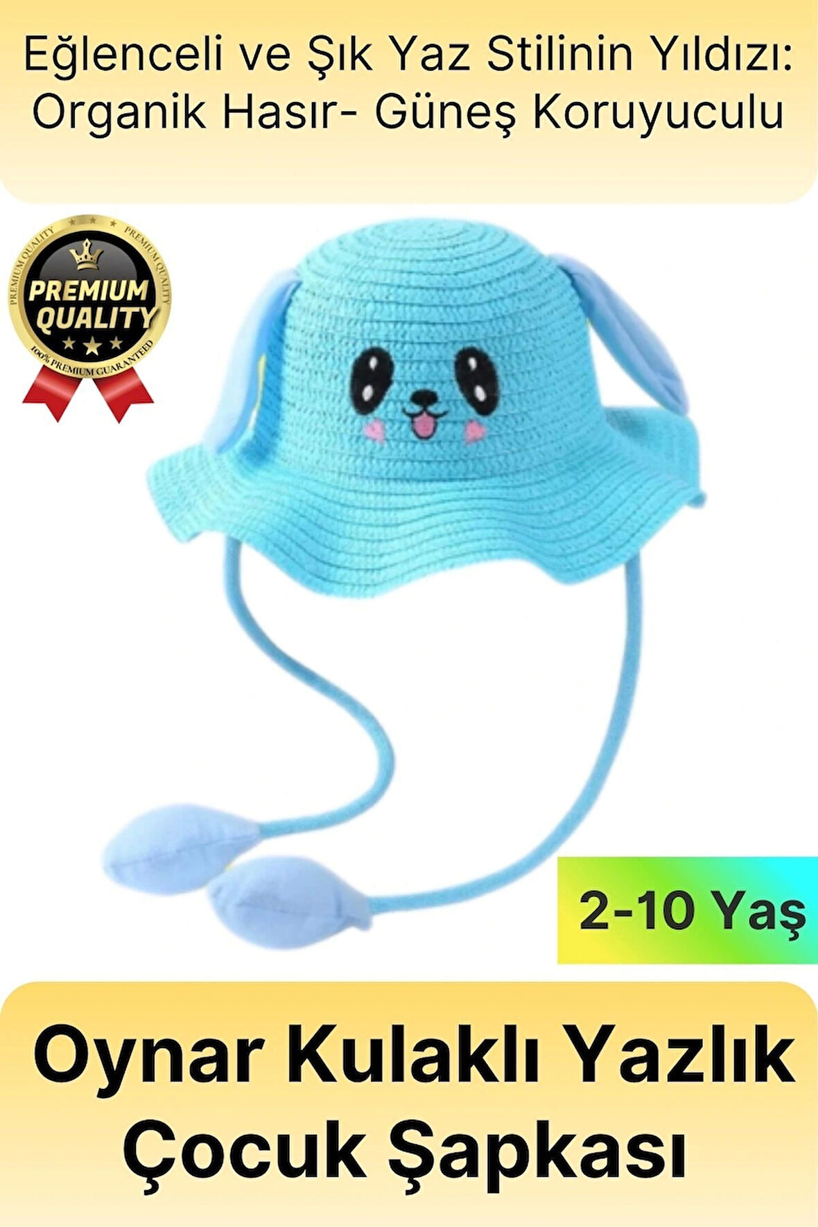 Özel Tasarım Organik Hasır Güneş Koruyuculu 2-10 Yaş Hareket Eden Oynar Kulaklı Yazlık Çocuk Şapka