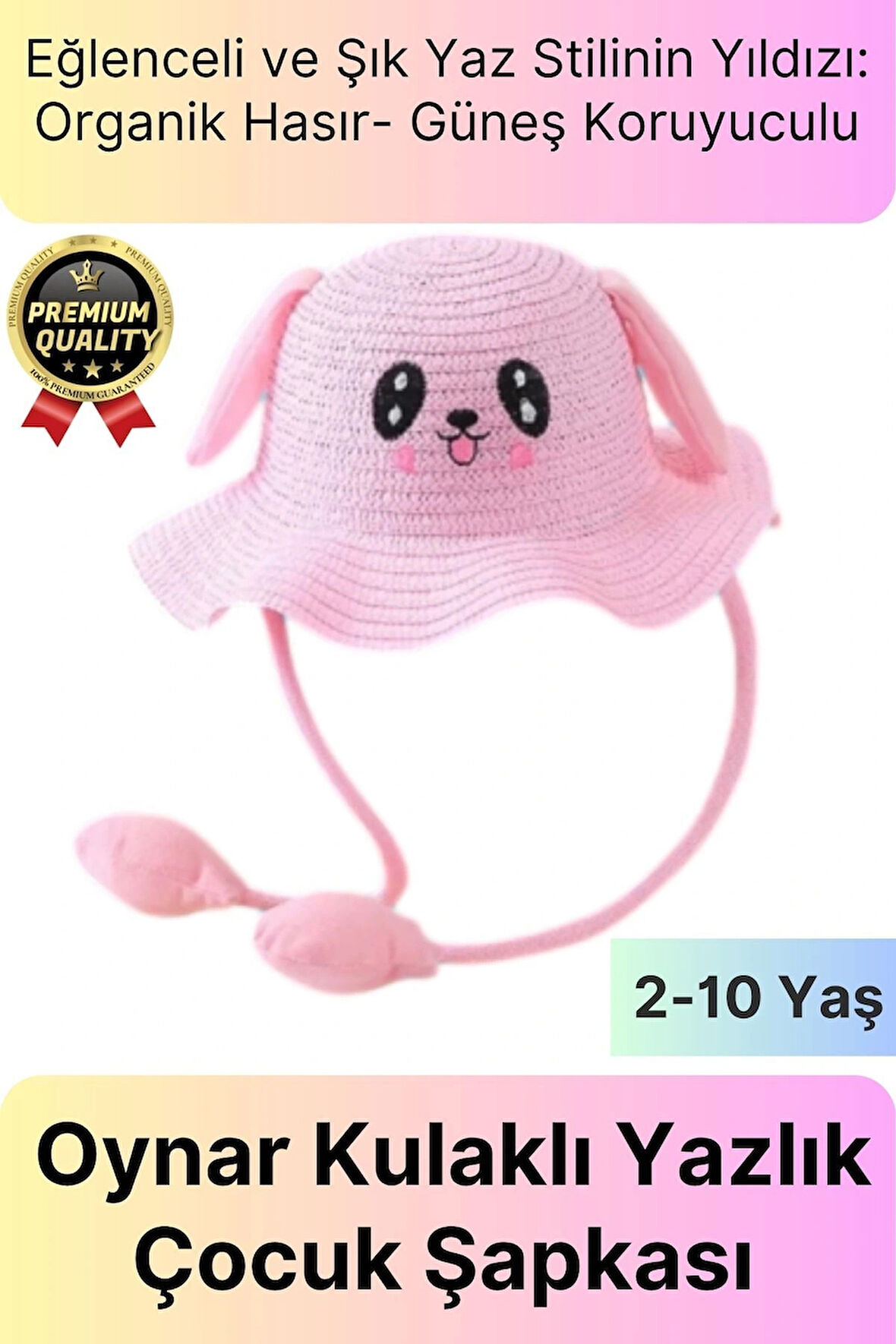 Özel Tasarım Organik Hasır Güneş Koruyuculu 2-10 Yaş Hareket Eden Oynar Kulaklı Yazlık Çocuk Şapka