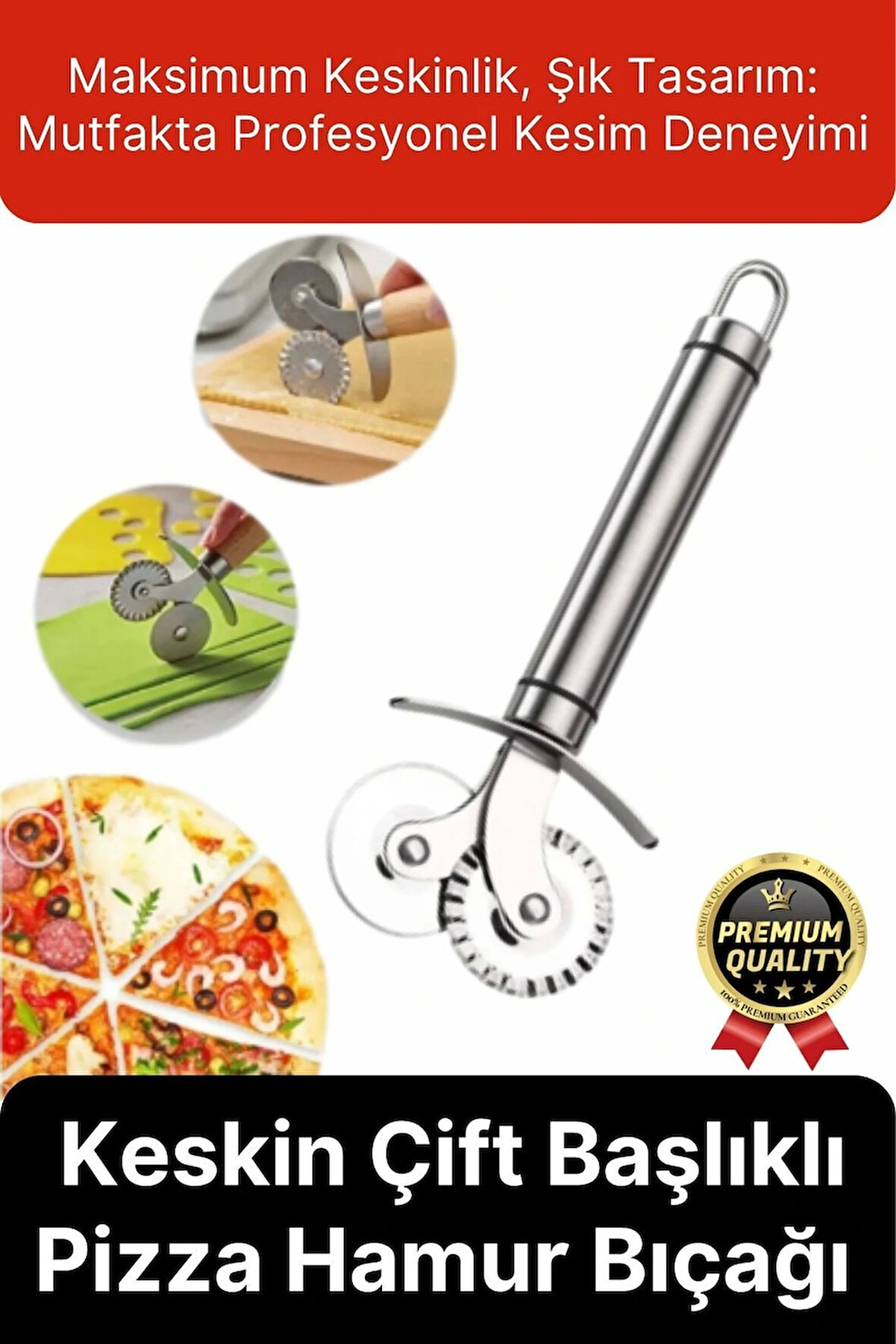 Premium Seri Paslanmaz Çelik Keskin Şekillendirici Kesici Çift Başlıklı Pizza Mantı Hamur Bıçağı
