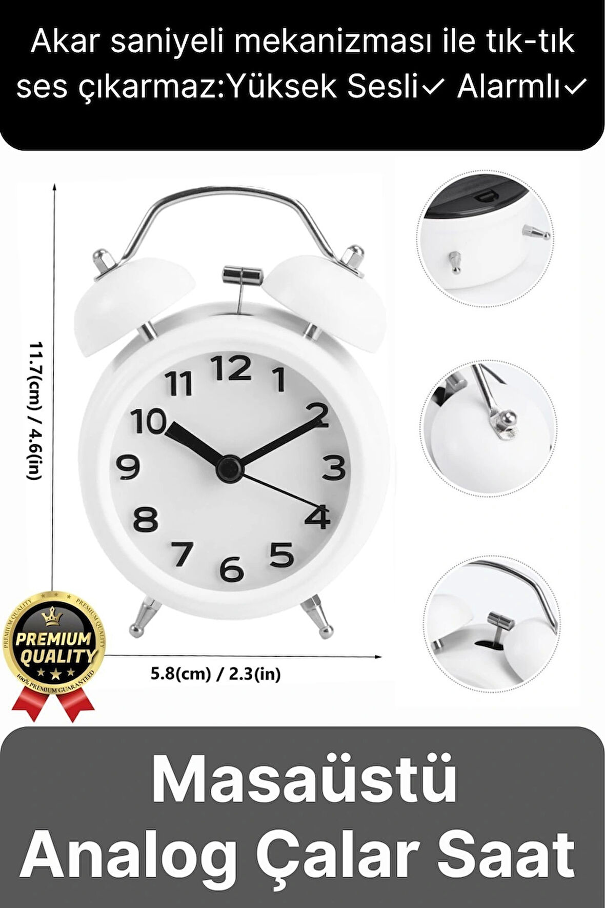 Premium Kalite Dekoratif Pilli Yüksek Sesli Alarmlı Çift Çan Formlu Masaüstü Mini Analog Çalar Saat