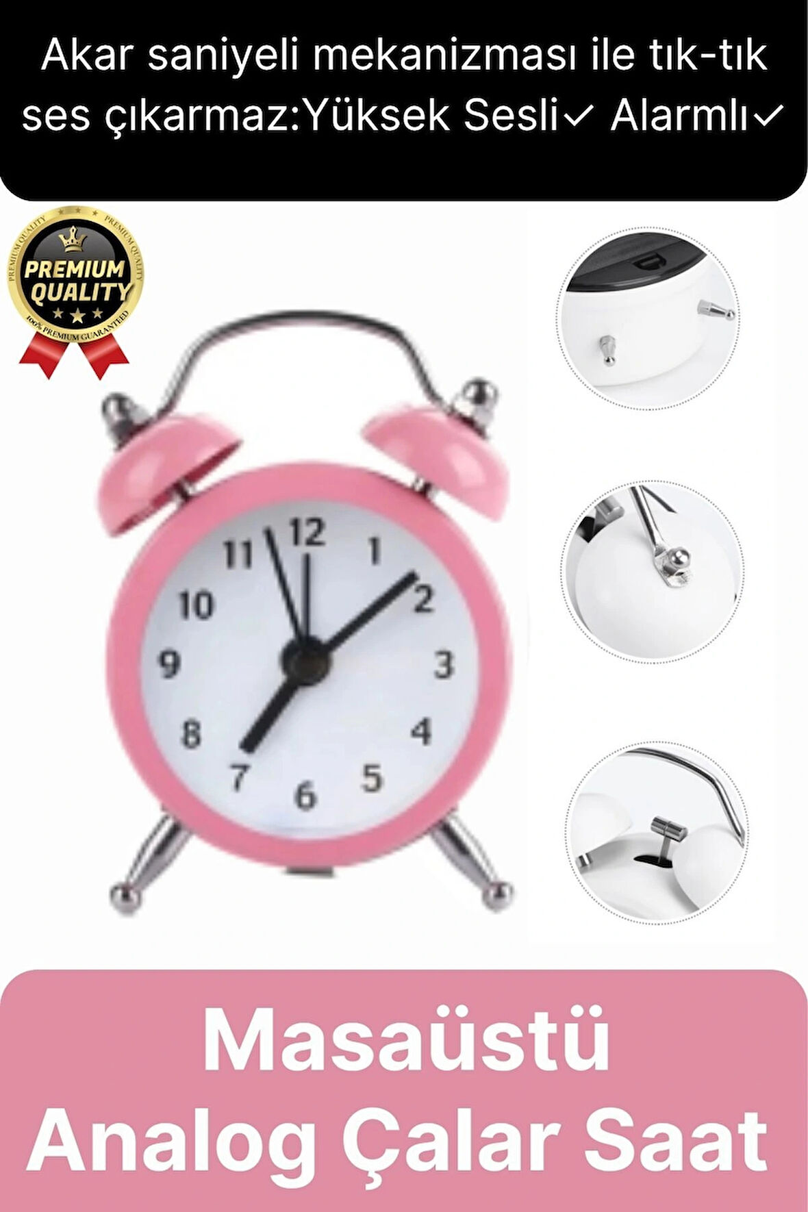 Premium Kalite Dekoratif Pilli Yüksek Sesli Alarmlı Çift Çan Formlu Masaüstü Mini Analog Çalar Saat