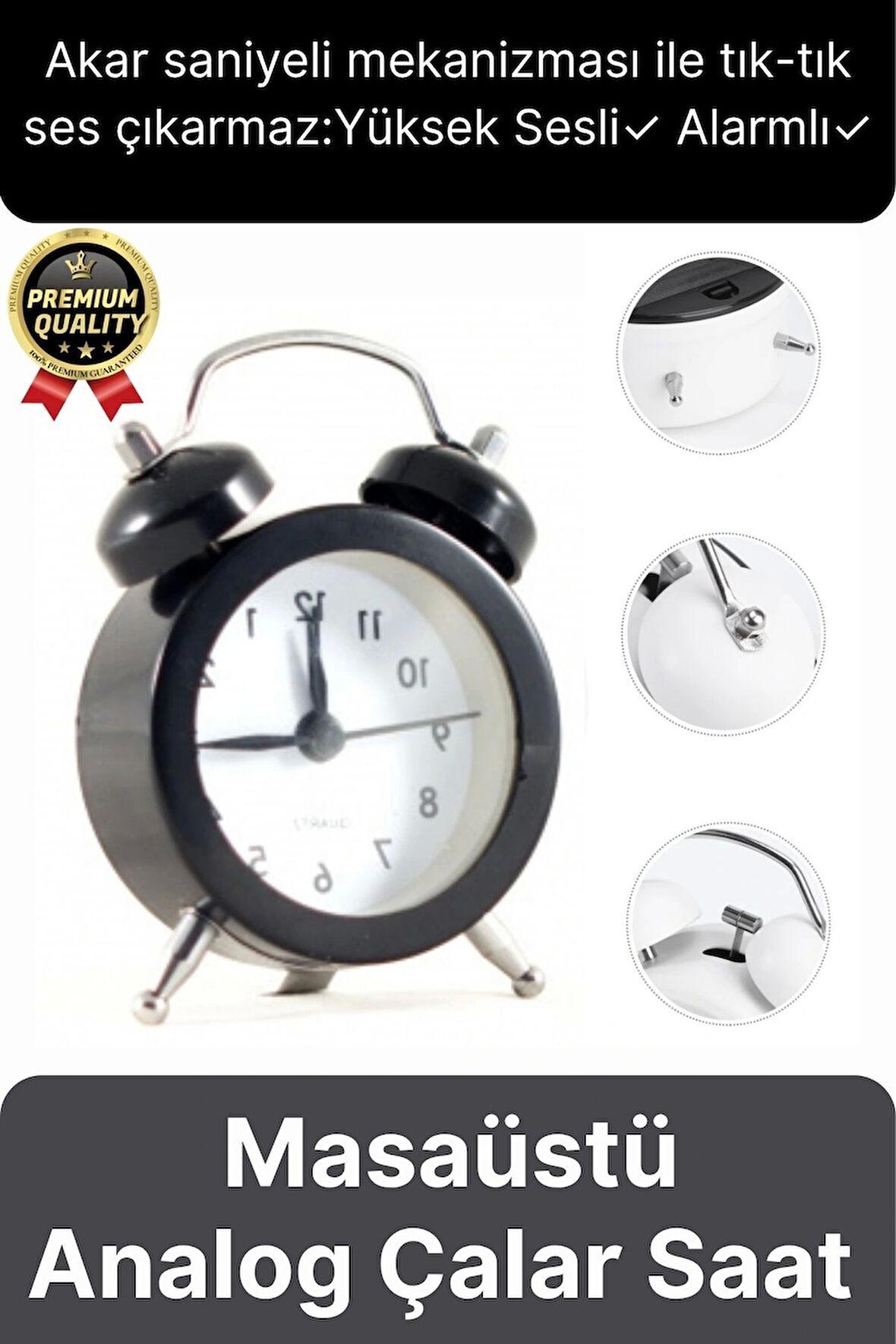 Premium Kalite Dekoratif Pilli Yüksek Sesli Alarmlı Çift Çan Formlu Masaüstü Mini Analog Çalar Saat