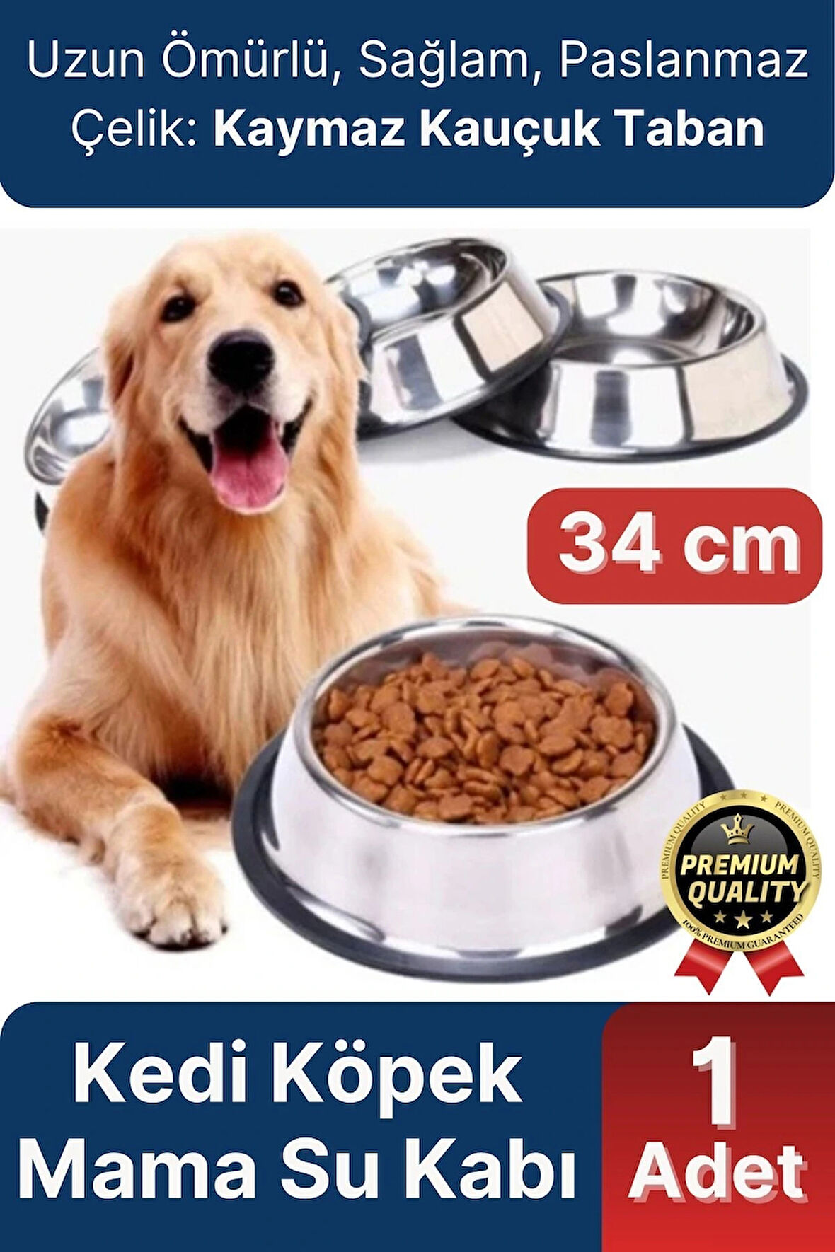 Premium Uzun Ömürlü Sağlam Kaymaz Kauçuk Taban Paslanmaz Çelik Metal Kedi Köpek Mama Su Kabı 34 cm