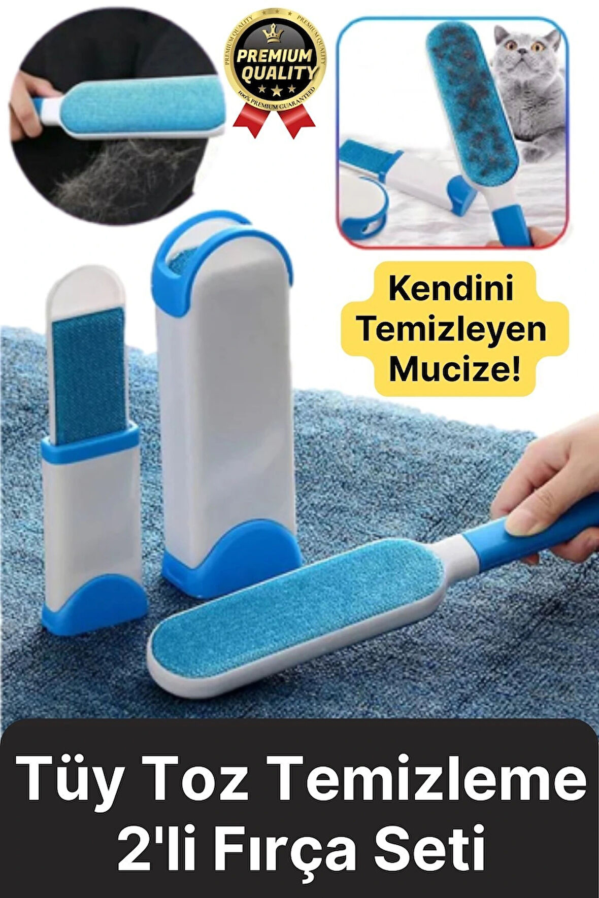 Çift Taraflı Kendini Temizleyen Mobilya Tişört Koltuk Kıyafet Halı Tüy Toplayıcı 2'li Fırça Seti