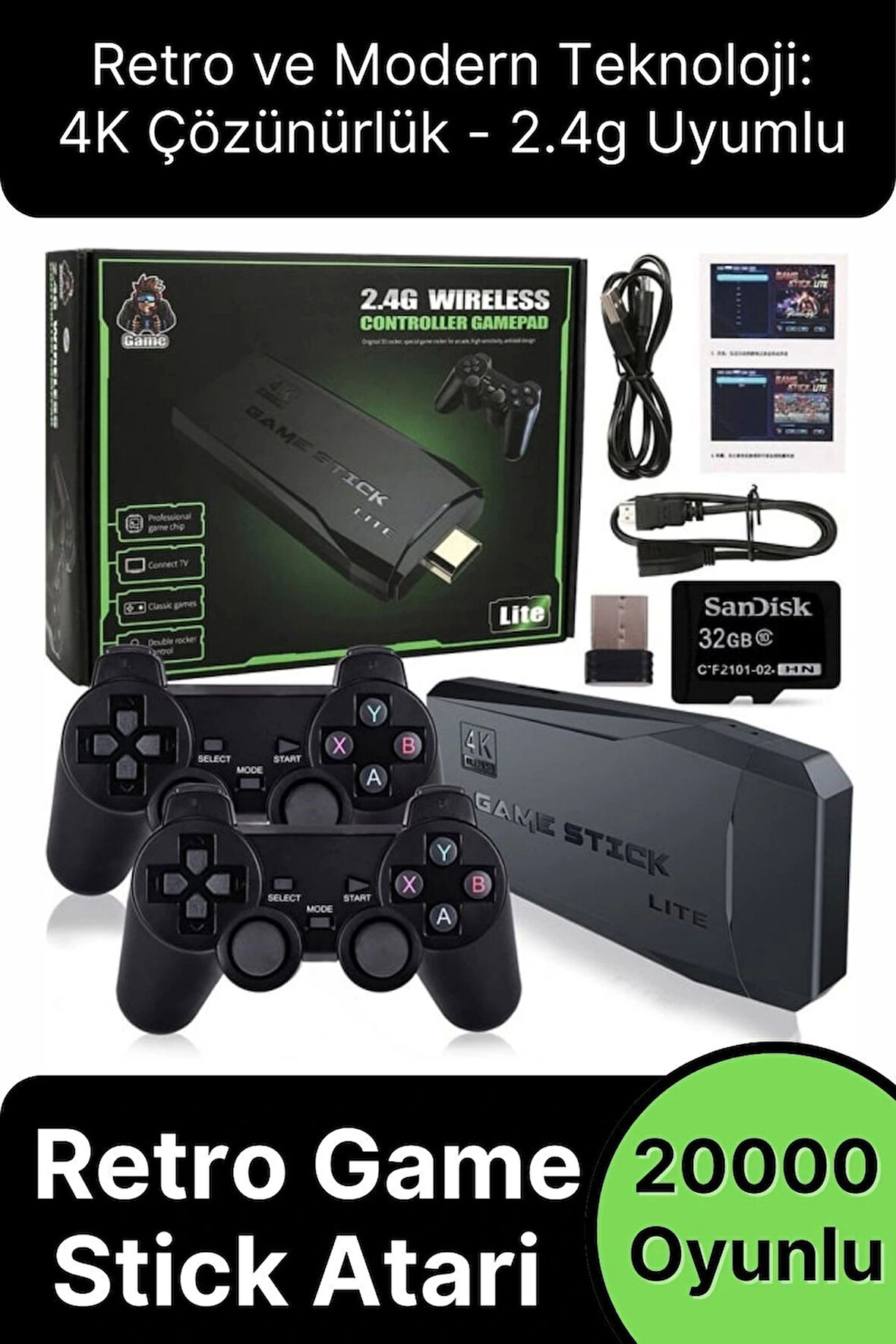 Nostaljik 4K Çözünürlük 2.4g Uyumlu Kablosuz Çift Kol Konsol Retro 20000 Oyunlu Game Stick Atari