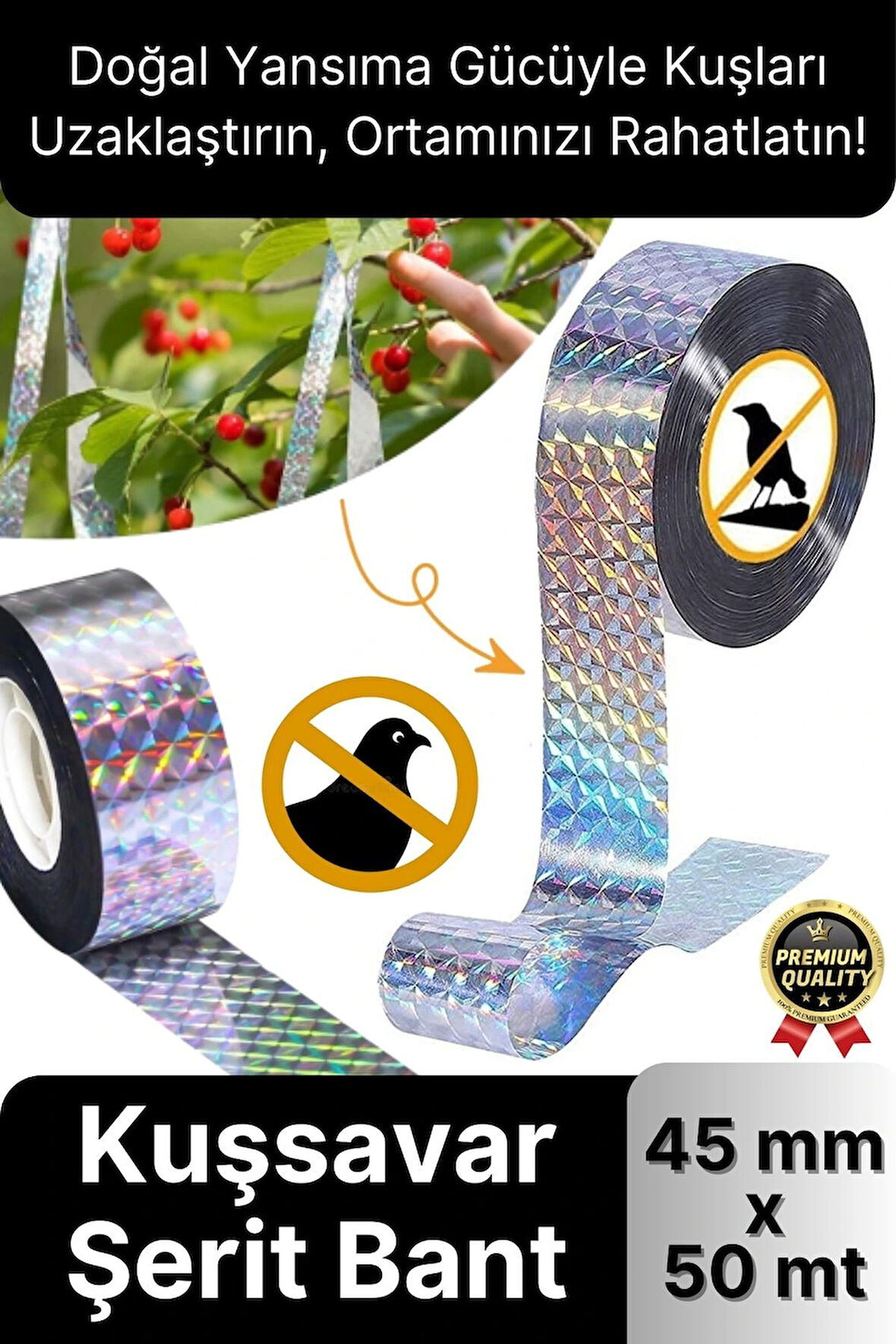 Premium Dayanıklı Yansıtıcı Kuş Kondurmaz Uzaklaştırıcı Hologramlı Kuşsavar Şerit Bant 45 mm x 50 mt