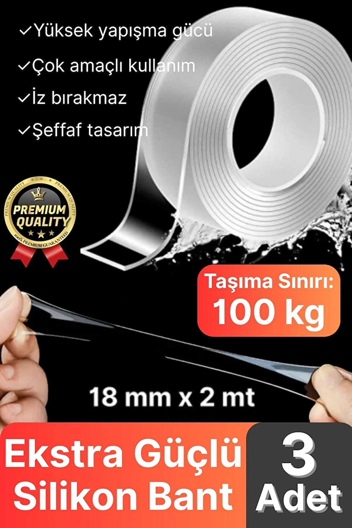3 Adet Çok Amaçlı Çift Taraflı İz Bırakmaz Tamir Montaj Bandı Şeffaf Güçlü Silikon Bant 18 mm X 2 mt