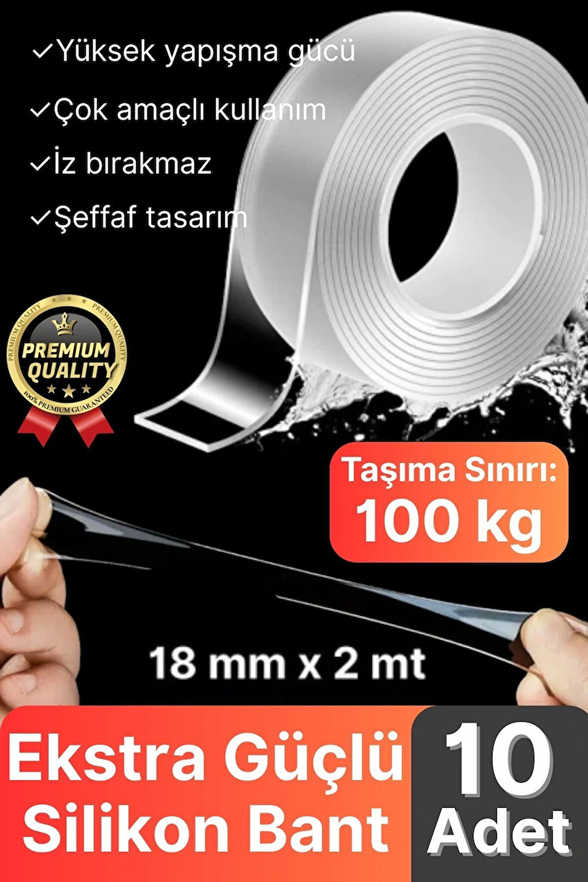 10 Adet Çok Amaçlı Çift Taraflı İz Bırakmaz Tamir Montaj Bandı Şeffaf Güçlü Silikon Bant 18mm X 2 mt