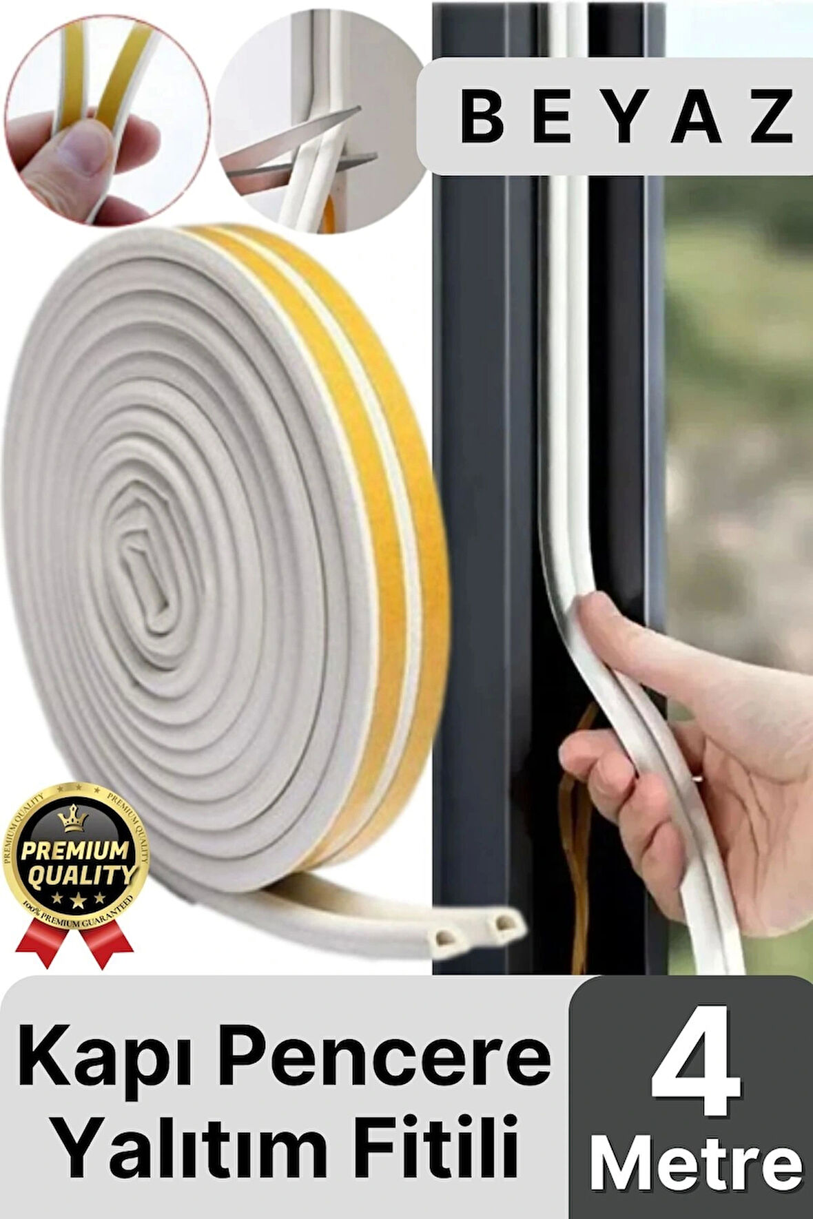Güçlü Kendinden Yapışkanlı Kapı Pencere Soğuk Hava Geçirmez Yalıtım İzolasyon Beyaz Fitil 4 Metre