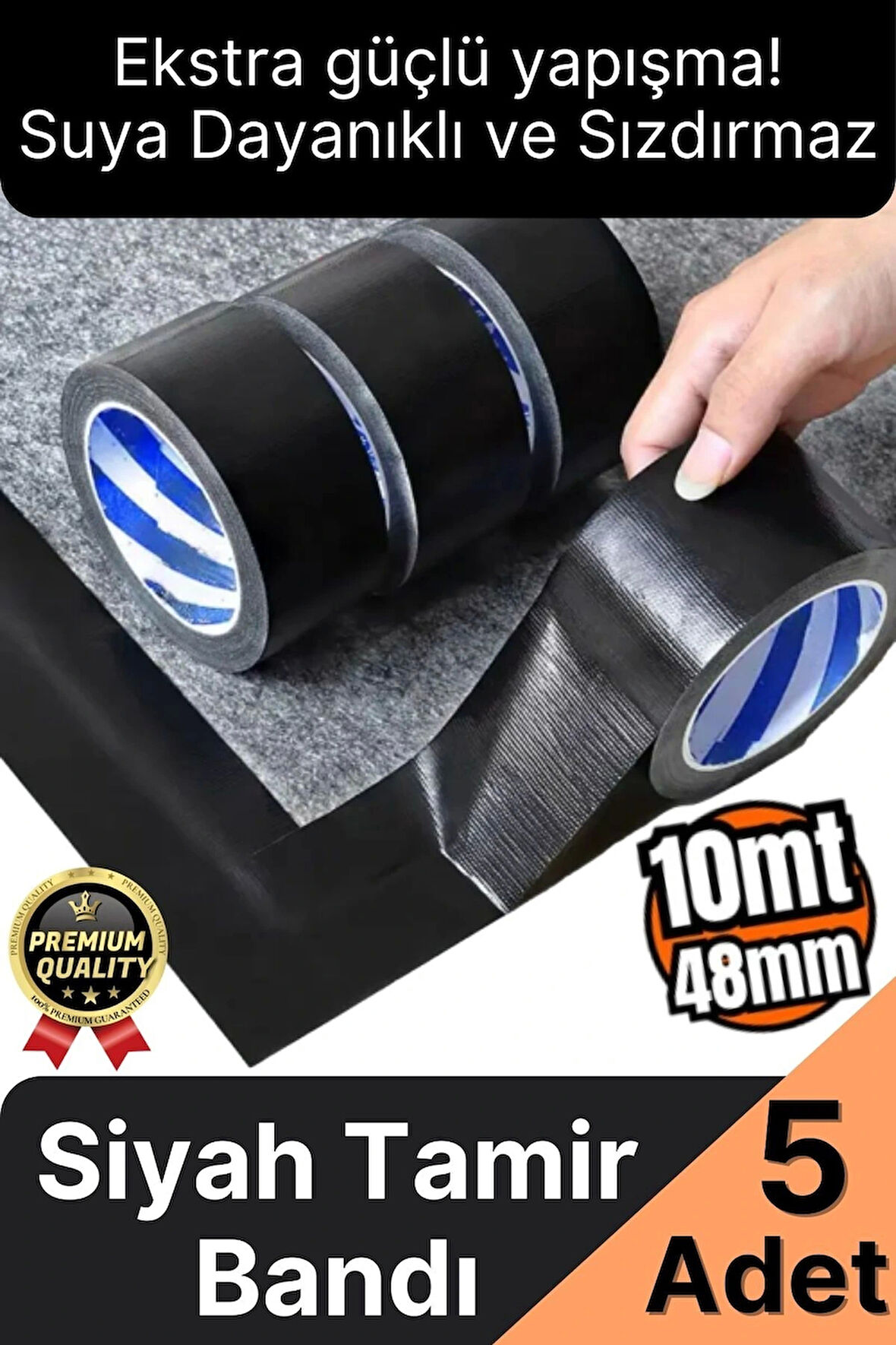 5 Adet Ekstra Güçlü Dayanıklı Su Geçirmez Sızdırmaz Yalıtım İzolasyon Siyah Tamir Bandı 10 Mt 48 Mm