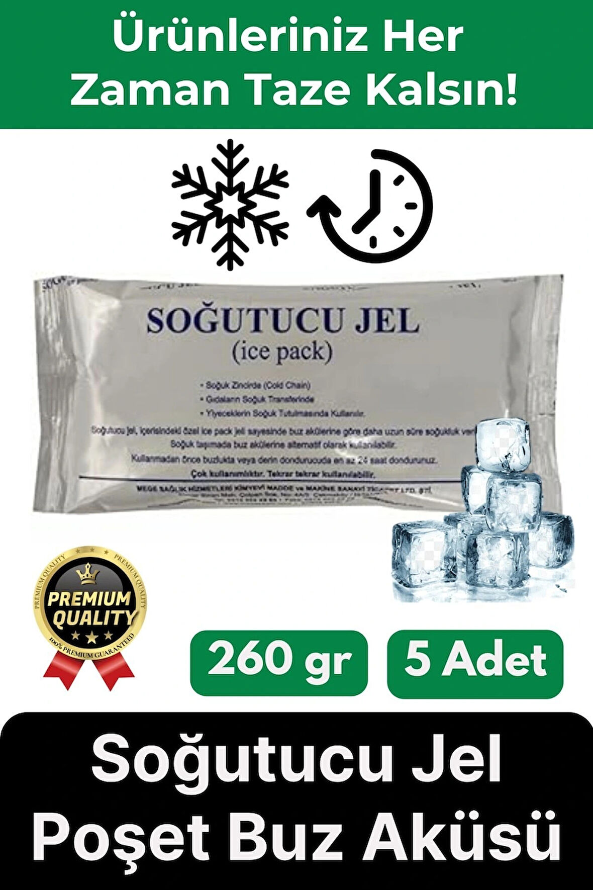 Premium Güvenli Malzeme Dayanıklı Yolculuk Seyahat Yiyecek Soğutucu Jel Poşet Buz Aküsü 260gr 5 Adet