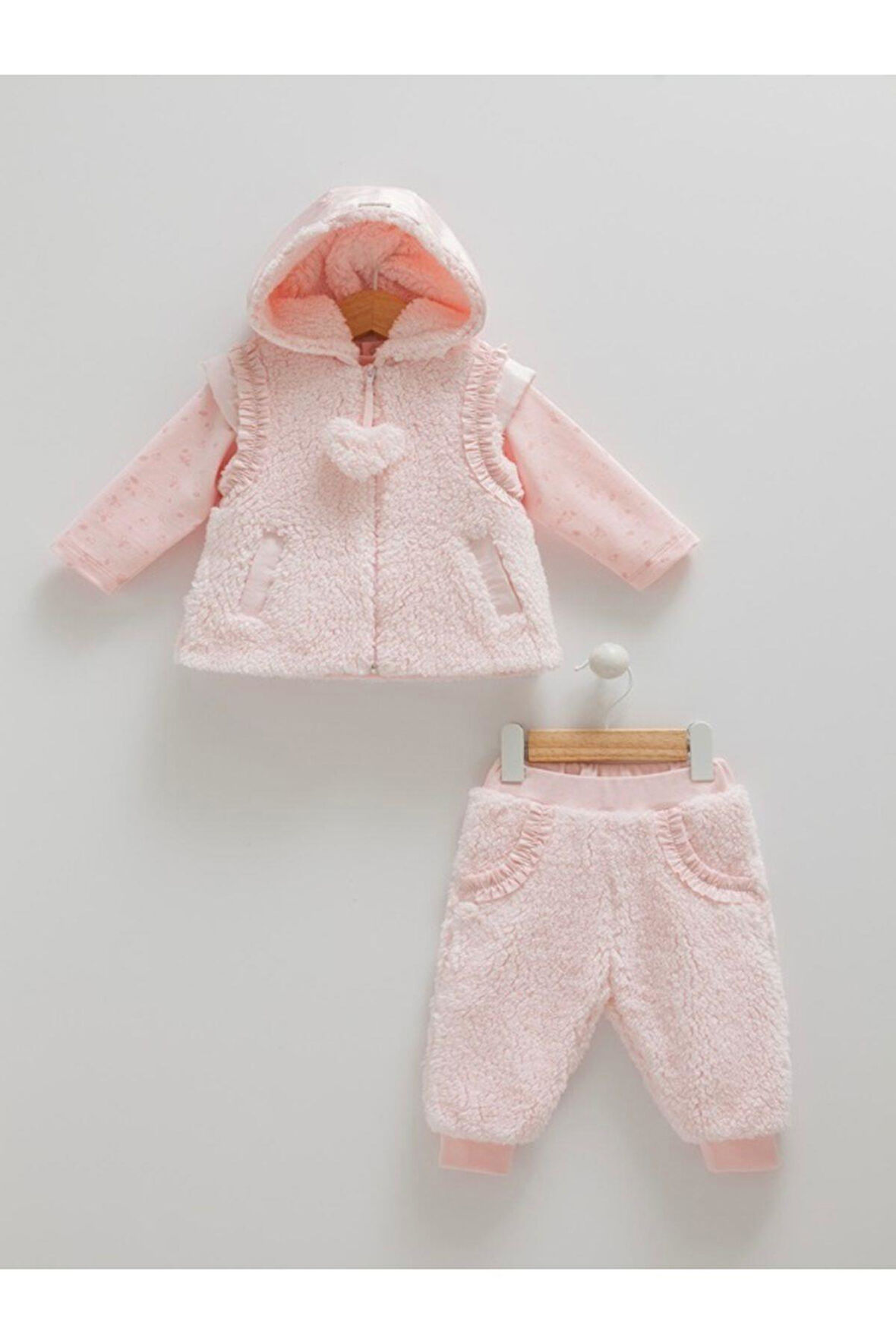 12-18 Aylık 80-86 Cm  Kışlık 3'Li  Kız Bebek Çocuk Pantolon Yelek Polar İçi Penye Takım