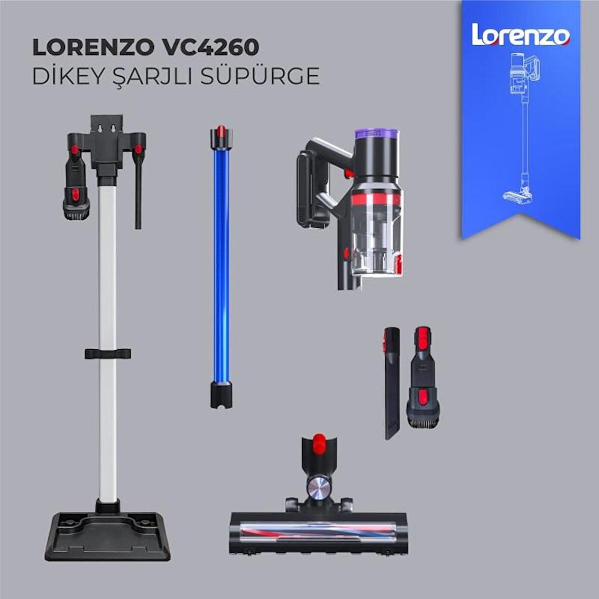 LORENZO VC4260 25W ŞARJLI DİKEY SÜPÜRGE MAVİ