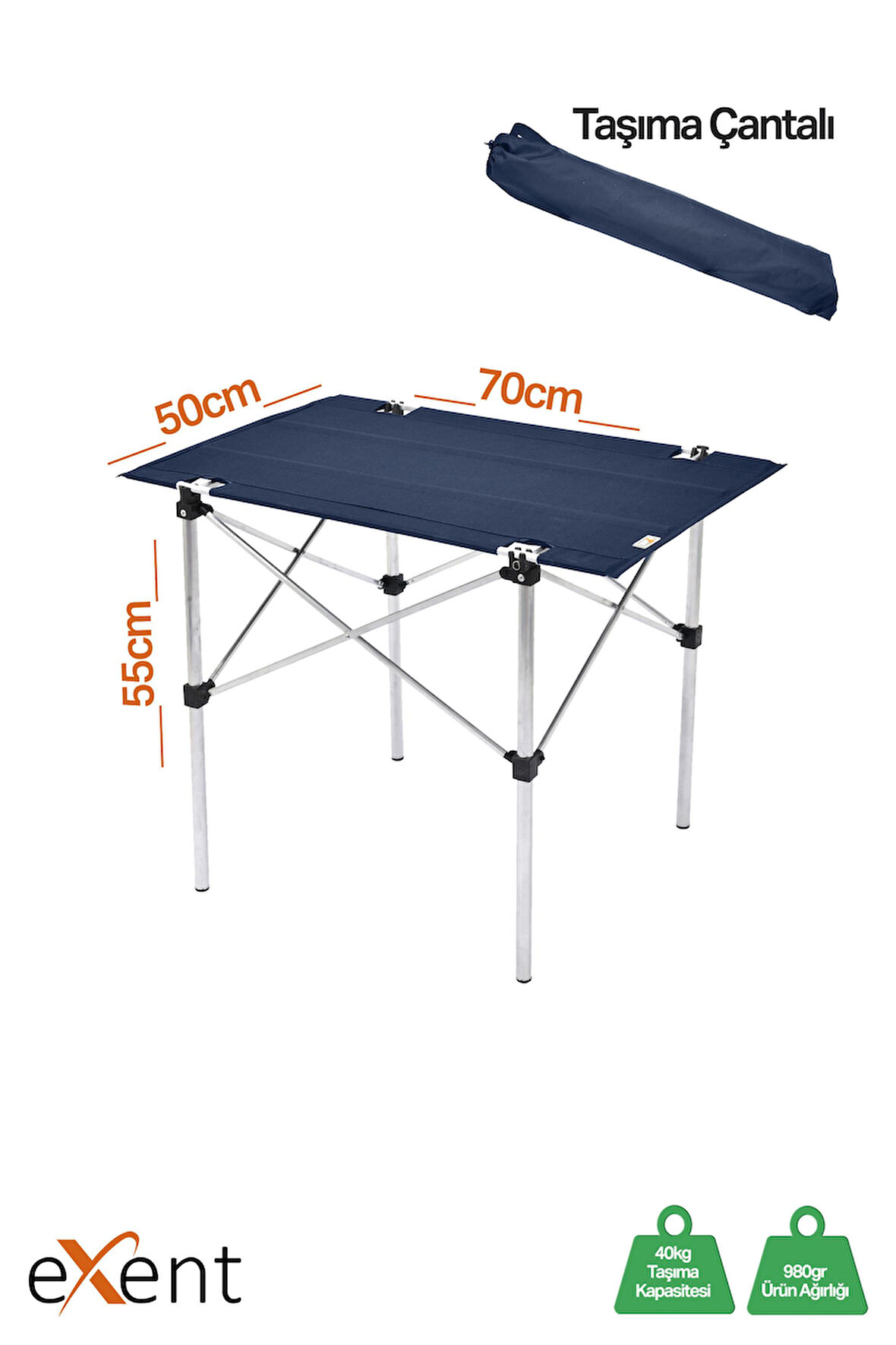 Exent 50x70 cm Kamp Masası Katlanabilir Masa, Piknik Bahçe Balkon Plaj Masası, Taşıma Çantalı Masa-LACİVERT