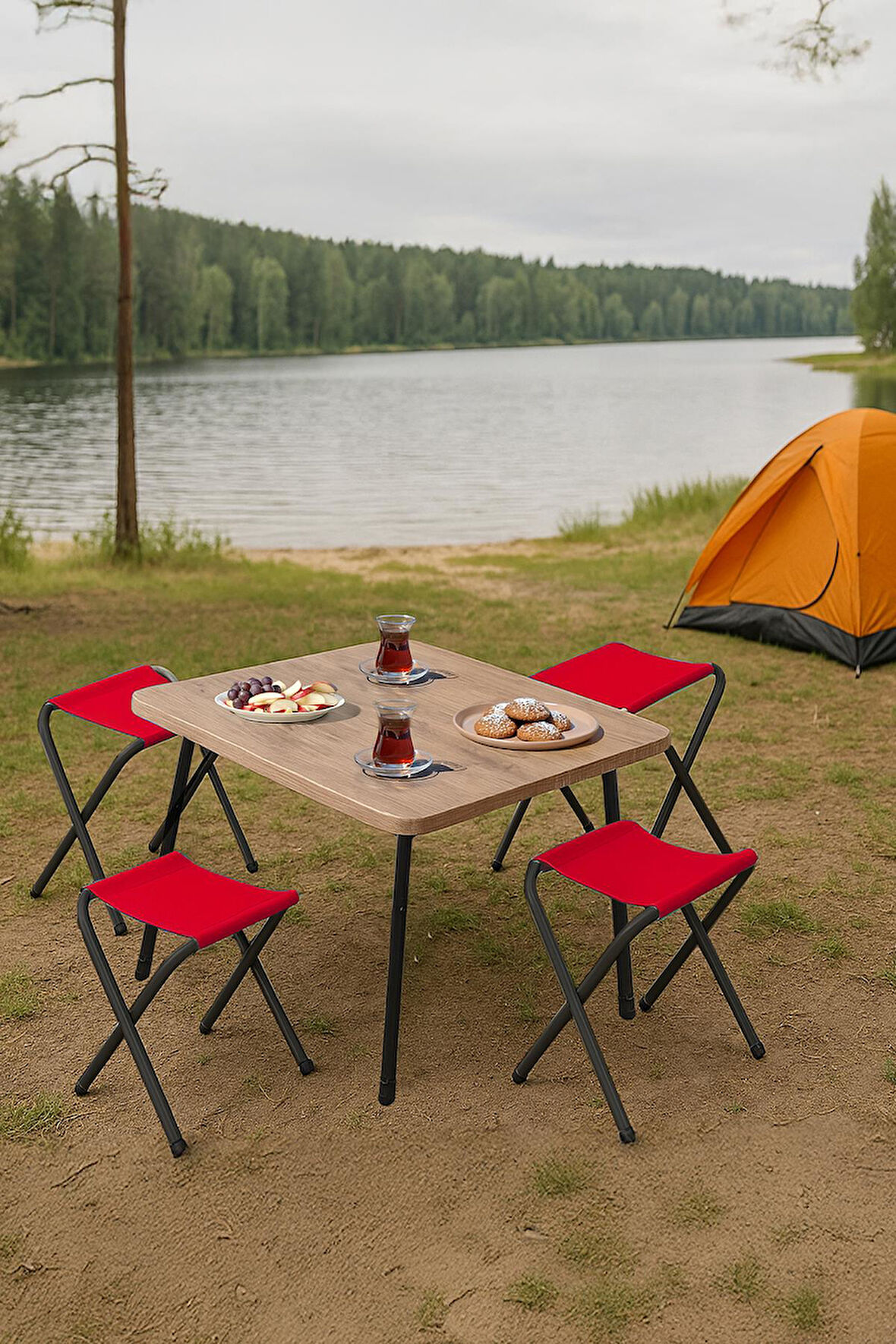 Exent 45X60 cm Kamp Sehpası + 4 Adet KIRMIZI Tabure Piknik, bahçe balkon sehpası Katlanır Sehpa-A-4K