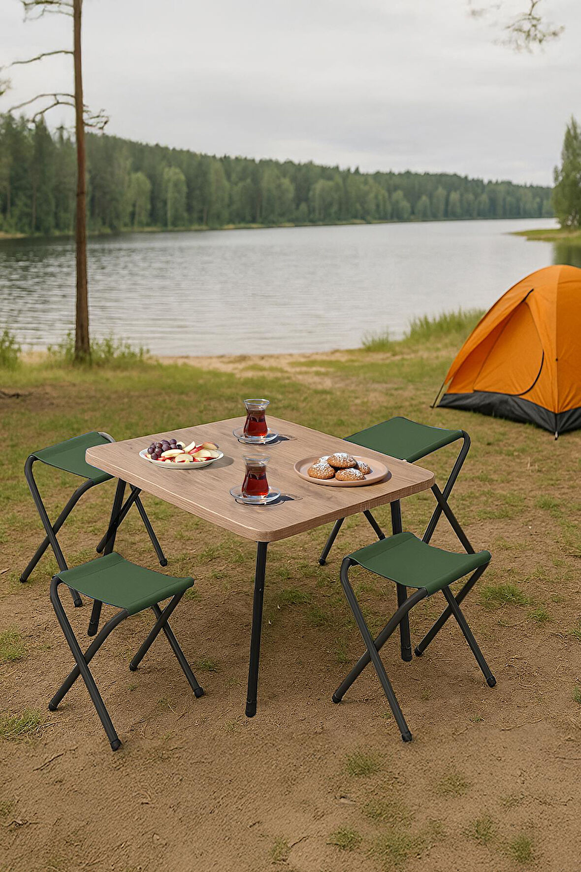 Exent 45X60 cm Kamp Sehpası + 4 Adet YEŞİL Tabure Piknik, bahçe balkon sehpası Katlanır Sehpa-A-4Y