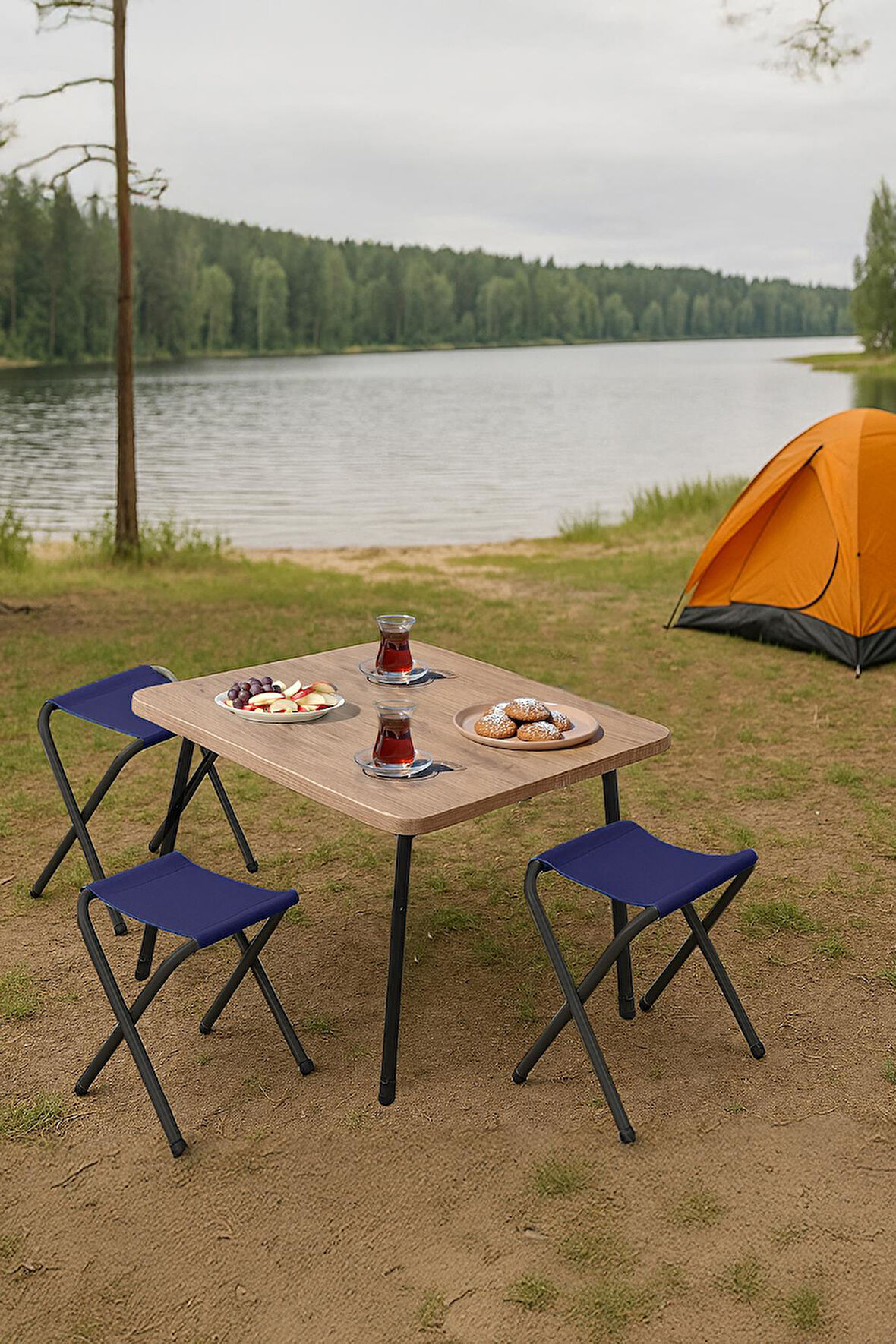 Exent 45X60 cm Kamp Sehpası + 3 Adet LACİVERT Tabure Piknik, balkon sehpası Katlanır Sehpa-A-3L