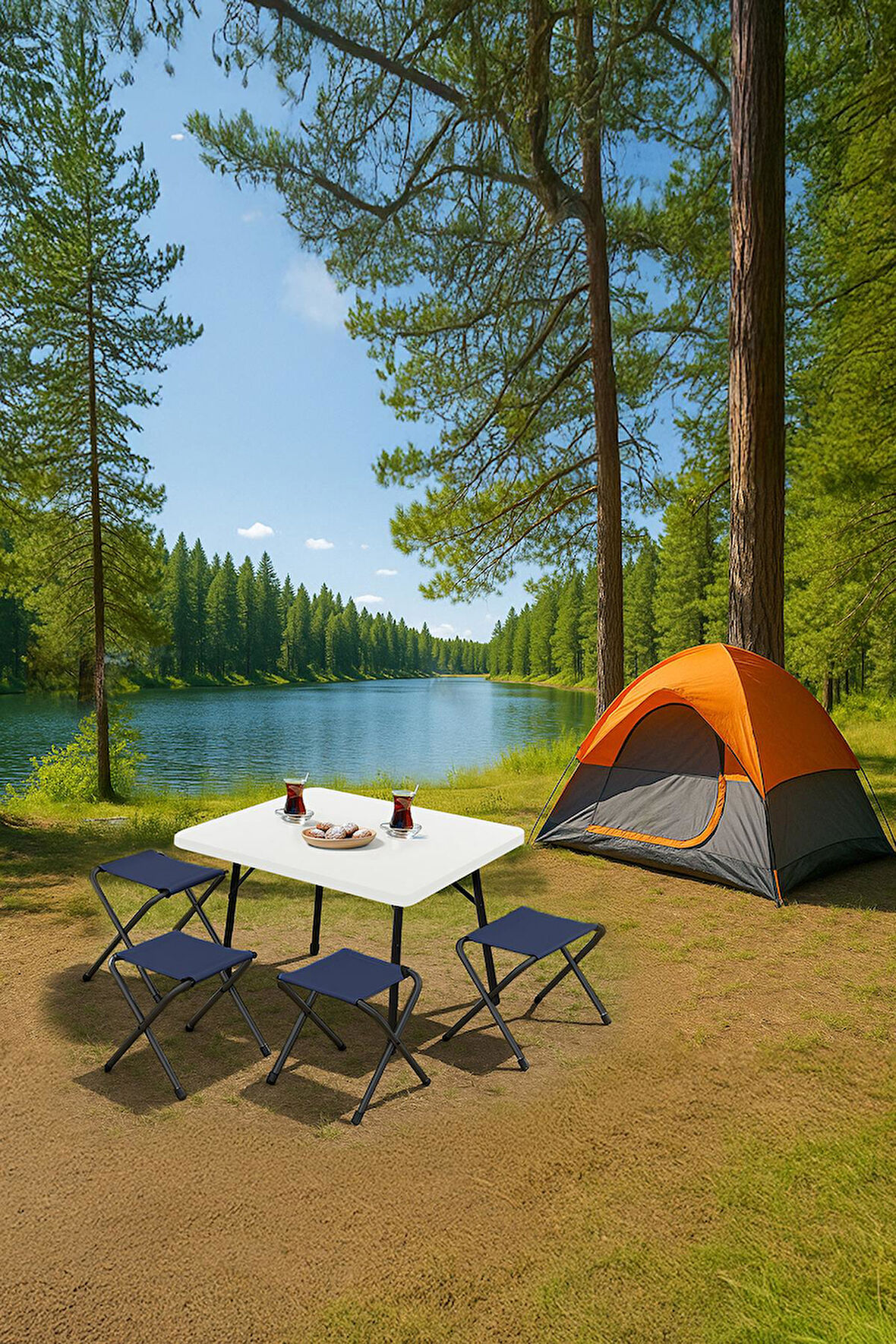 Exent 45X60 cm Kamp Sehpası + 4 Adet LACİVERT Tabure Piknik, bahçe sehpası Katlanır Sehpa-B-4L