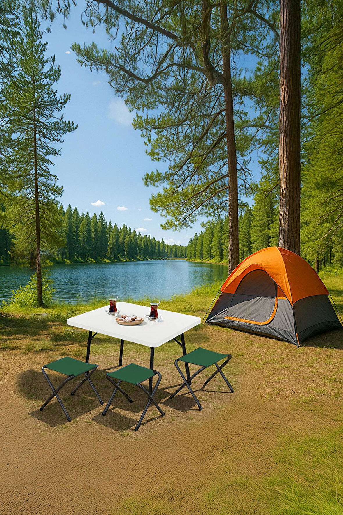 Exent 45X60 cm Kamp Sehpası + 3 Adet YEŞİL Tabure Piknik, bahçe balkon sehpası Katlanır Sehpa-B-3Y