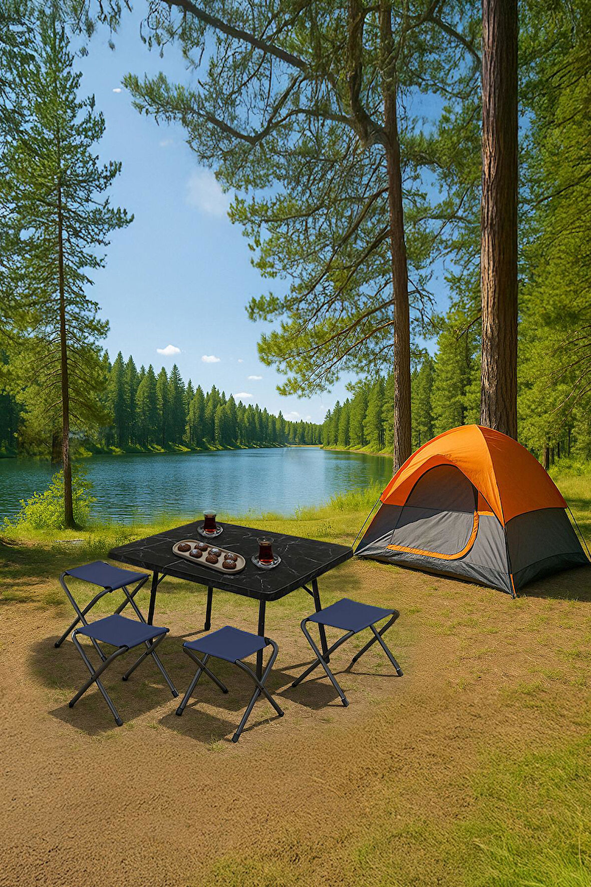 Exent 45X60 cm Kamp Sehpası + 4 Adet LACİVERT Tabure Piknik, bahçe sehpası Katlanır Sehpa-ME-4L