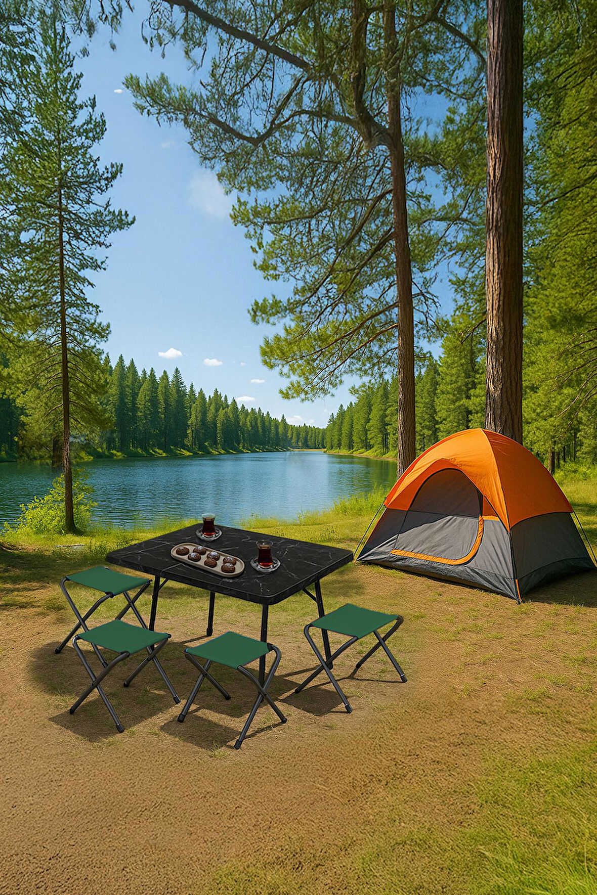 Exent 45X60 cm Kamp Sehpası + 4 Adet YEŞİL Tabure Piknik, bahçe balkon sehpası Katlanır Sehpa-ME-4Y