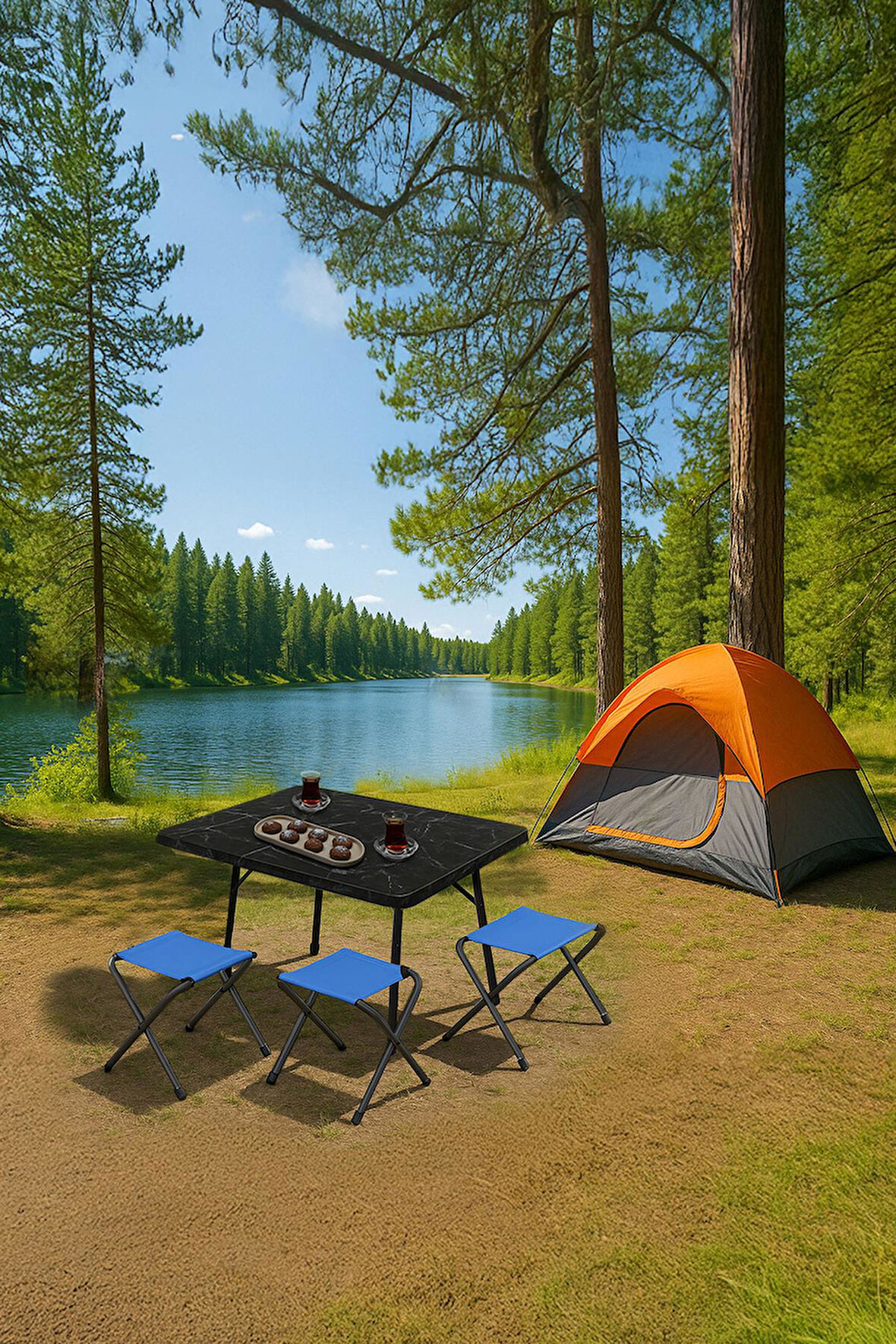 Exent 45X60 cm Kamp Sehpası + 3 Adet MAVİ Tabure Piknik, bahçe balkon sehpası Katlanır Sehpa-ME-3M