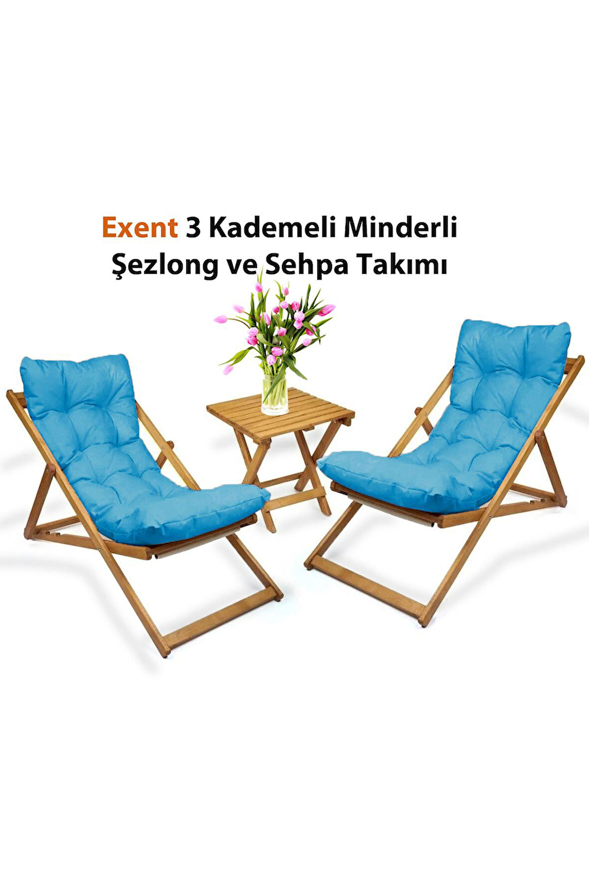 Exent 3 Kademeli Minderli Şezlong ve Sehpa seti-MAVİ