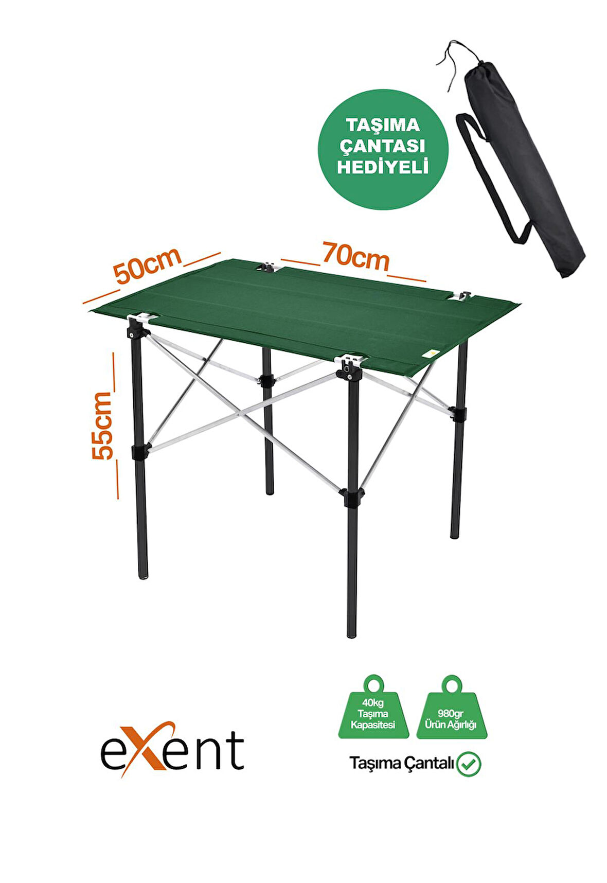 Exent 50x70 cm Kamp Masası Katlanabilir Masa, Piknik Masası, Siyah Taşıma Çantalı-PETROL YEŞİLİ