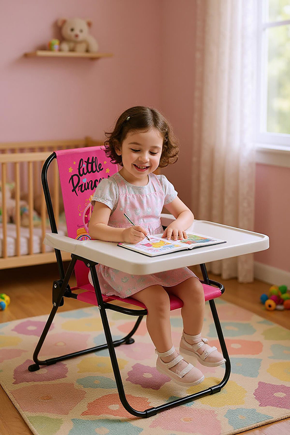 EXENT 2–6 Yaş, Katlanabilir Çocuk Sandalyesi ve Masası Tak-Çıkar Masa-Little Princess-PEMBE
