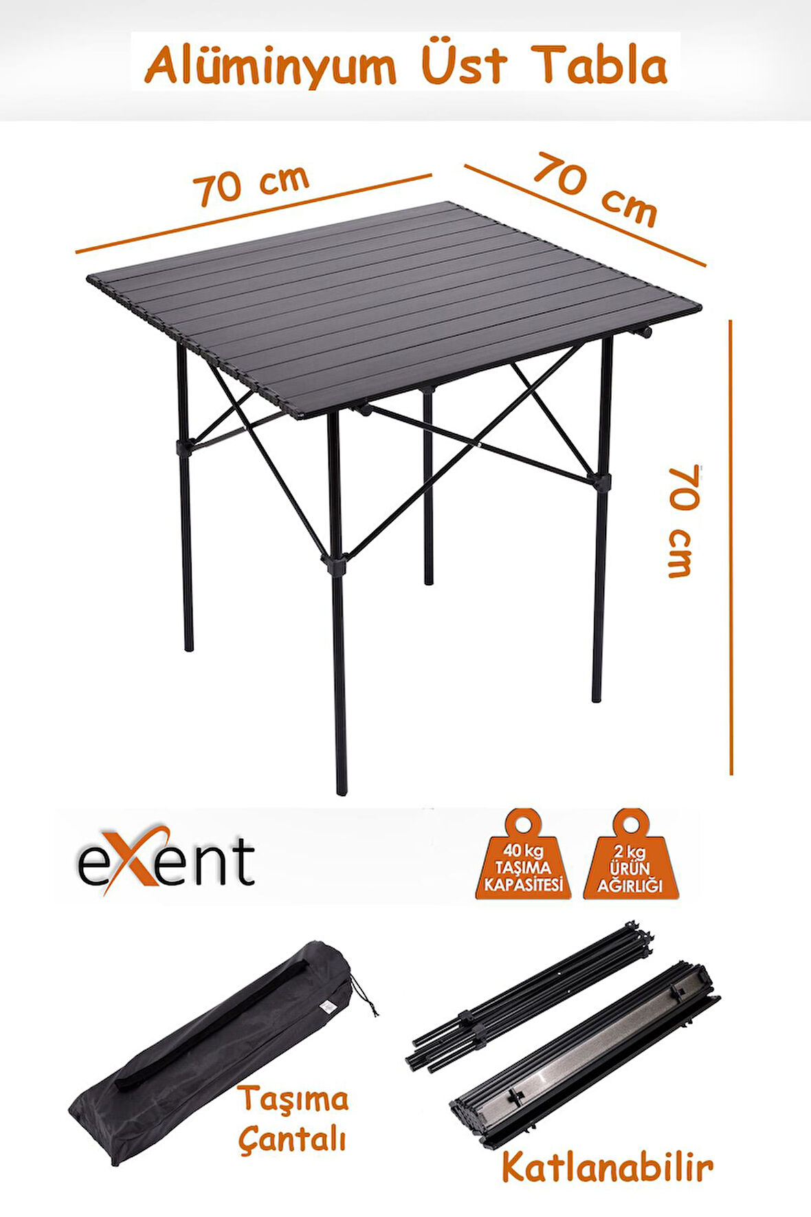 Exent Katlanır Kamp Masası, Suya Yağmura Dayanıklı Piknik Masası, Taşıma Çantalı - 70 cm