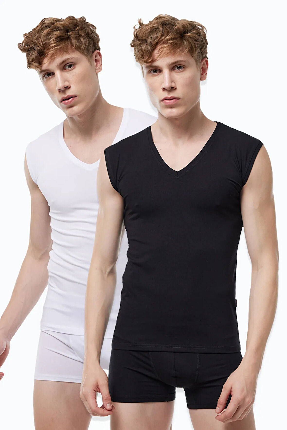 Erkek Siyah Beyaz 2 li Paket V Yaka İz Yapmayan Modal Kolsuz Atlet 064