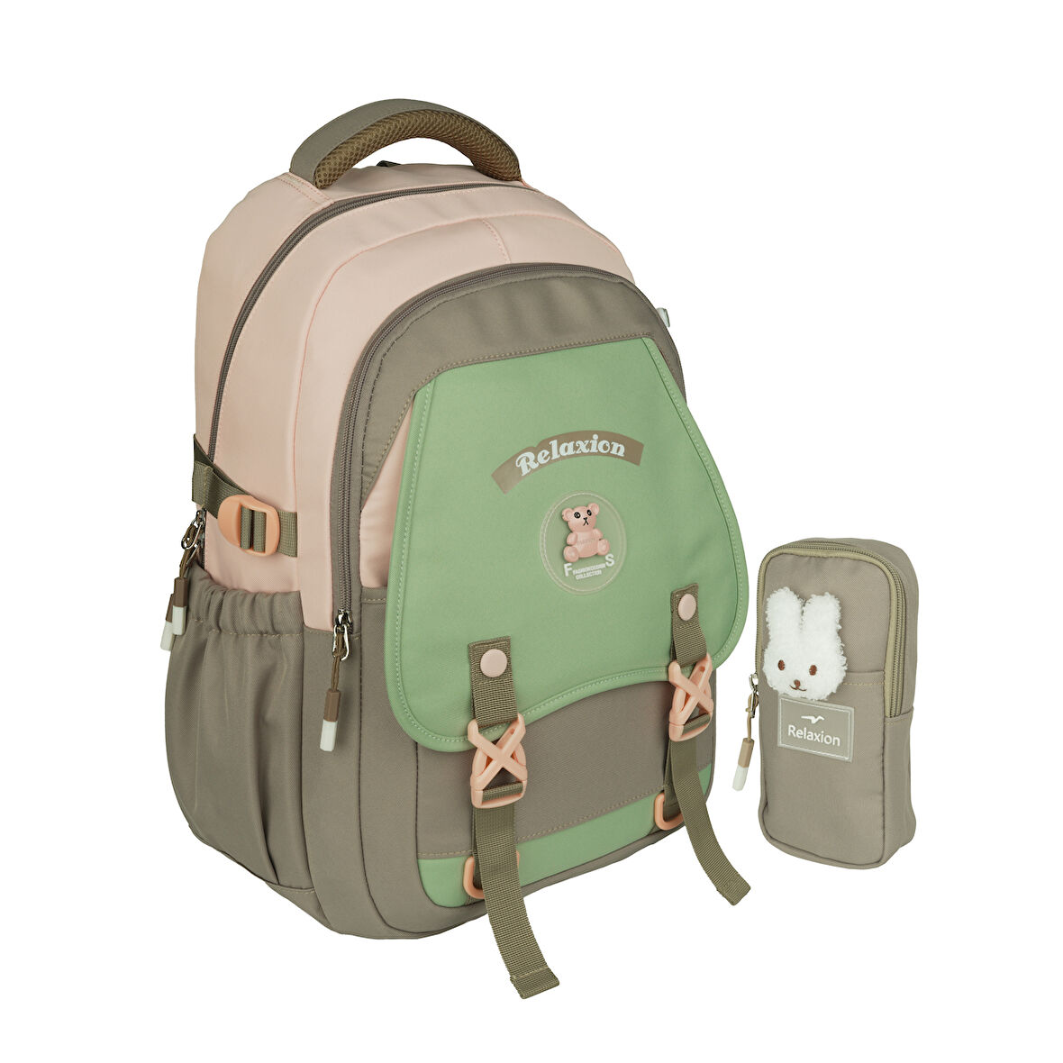 Relaxion Yeni Sezon Kalemlikli Yeşil-Pembe İthal Premium Okul Sırt Çanta 1511