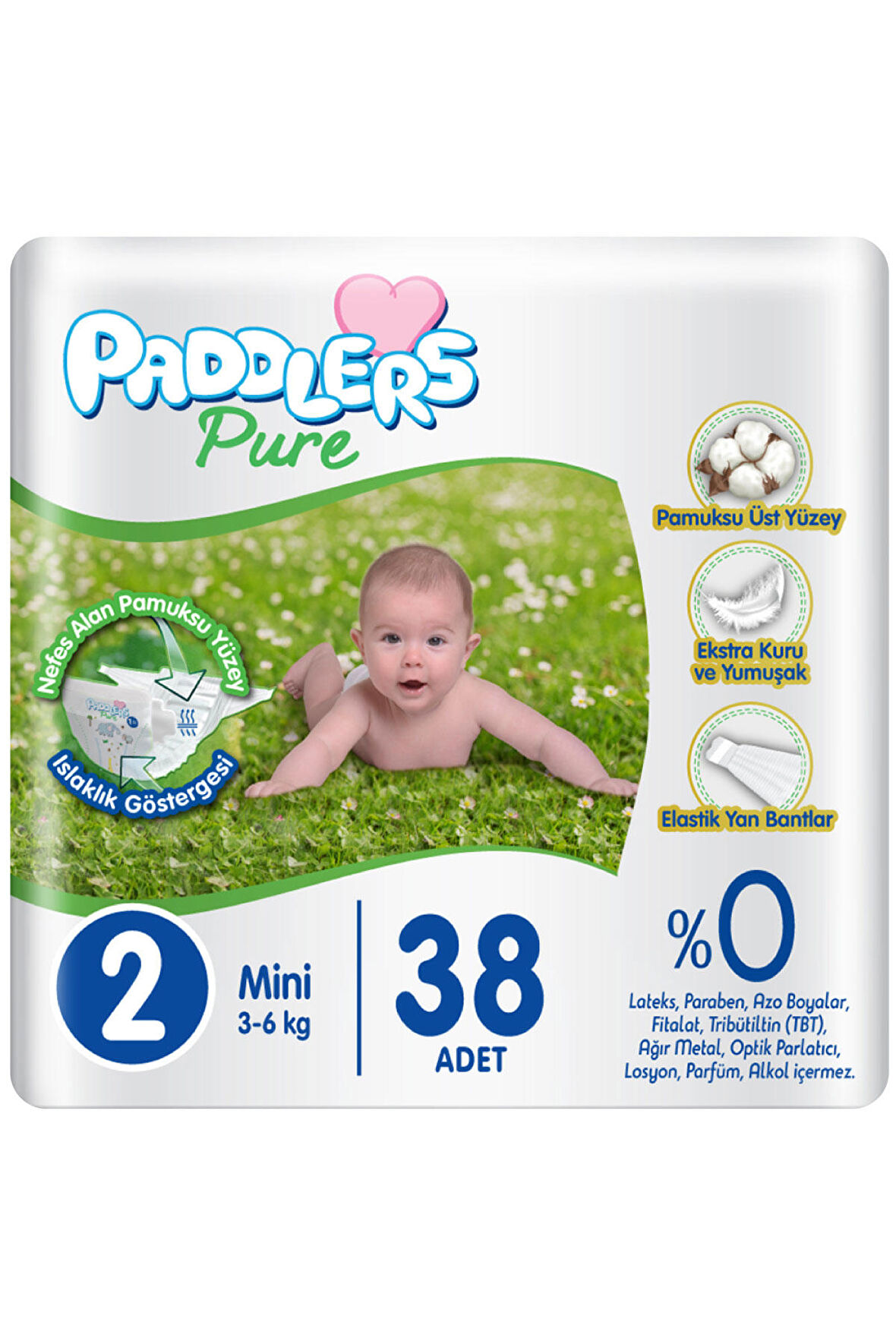 Paddlers Pure Bebek bezi 2 Numara Mini 38 Adet (3-6 Kg) Eko Paket