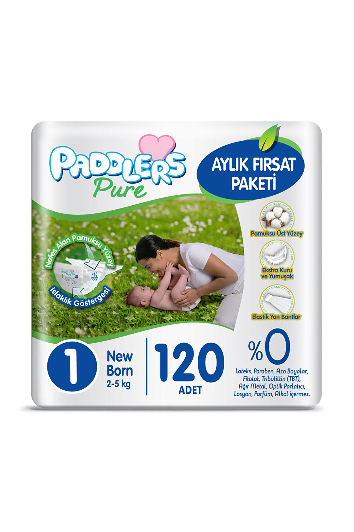 Paddlers Pure Bebek Bezi 1 Numara Yenidoğan 120 Adet (2-5 Kg) Aylık Fırsat Paketi