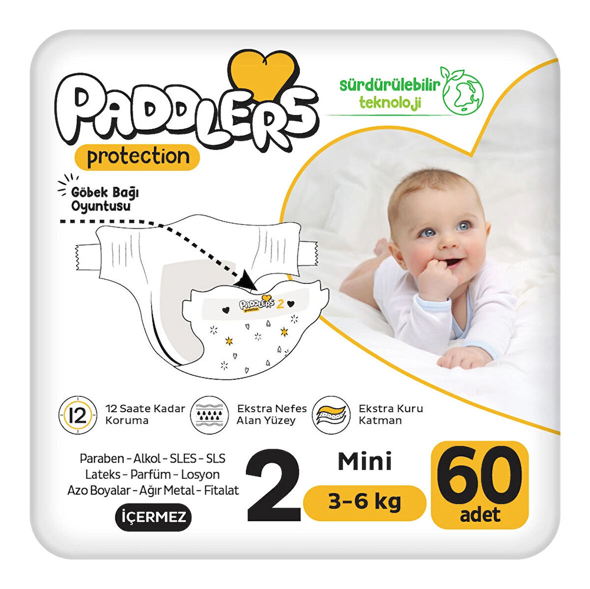 Paddlers Protection Bebek Bezi 2 Numara Mini 60 Adet (3-6 Kg) Jumbo Paket 