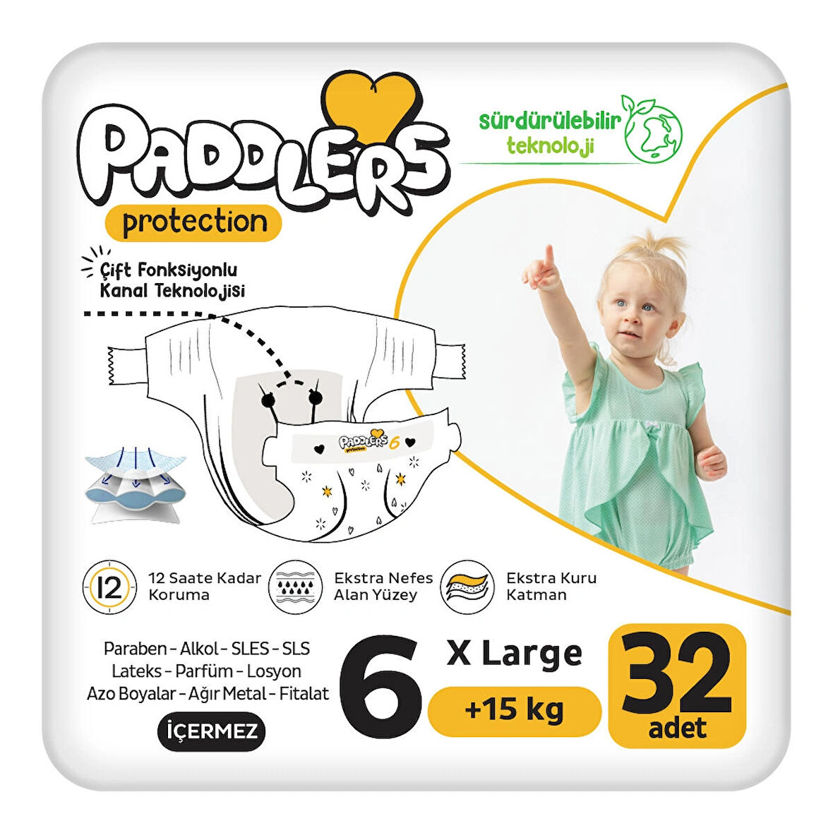 Paddlers Protection Bebek Bezi 6 Numara X-Large 32 Adet (15+Kg) Jumbo Paket 