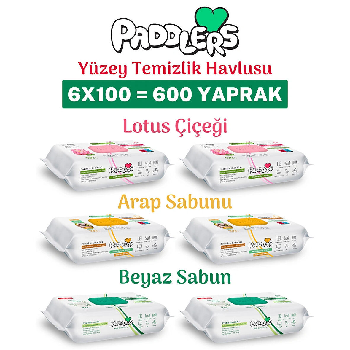 Paddlers Easy Clean Lotus Çiçeği & Arap Sabunu & Beyaz Sabun Katkılı Yüzey Temizlik Havlusu 6x100 (600 Yaprak)