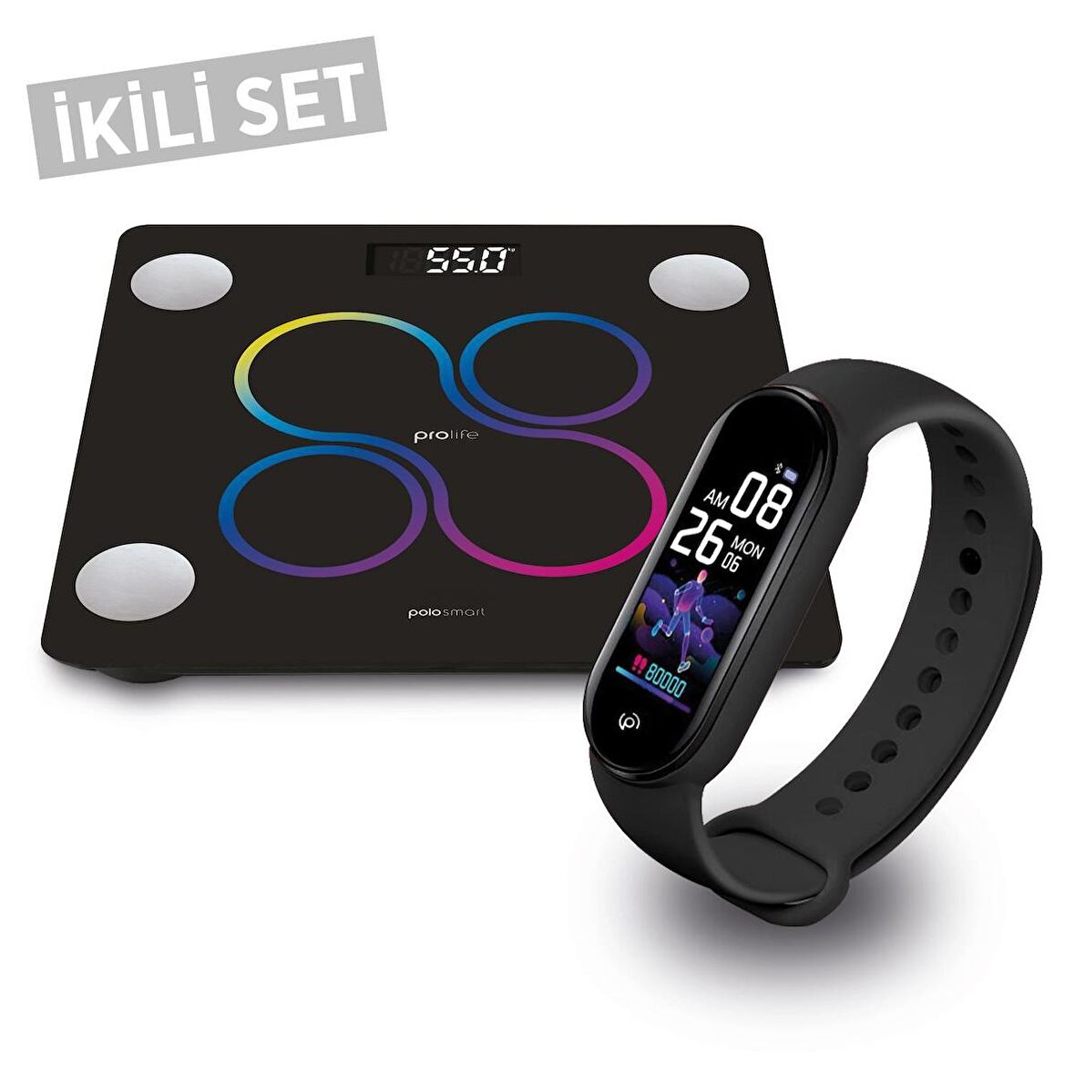 Polosmart Gym Set PSC12 Akıllı Tartı + PSSW09 Akıllı Bileklik Siyah