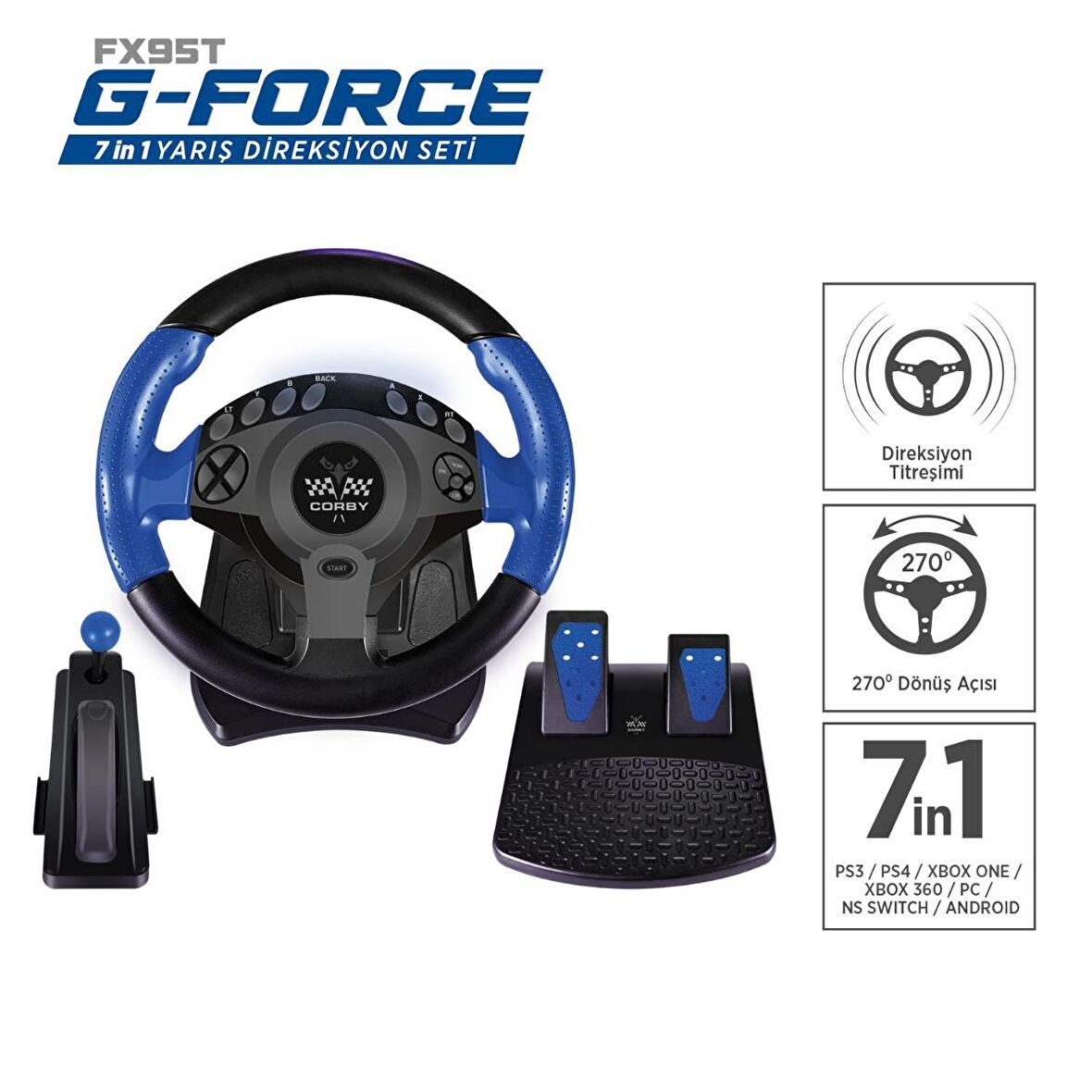 Corby FX95T G-FORCE 270 Derece Titreşimli 7 in 1 Direksiyon Yarış Seti Siyah